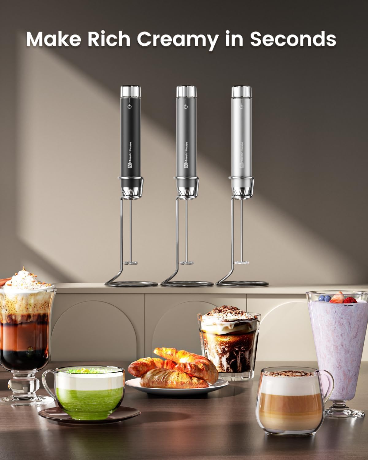 Maestri House LunaFro Max Rechargeable Milk Frother, Stepless Speed Control