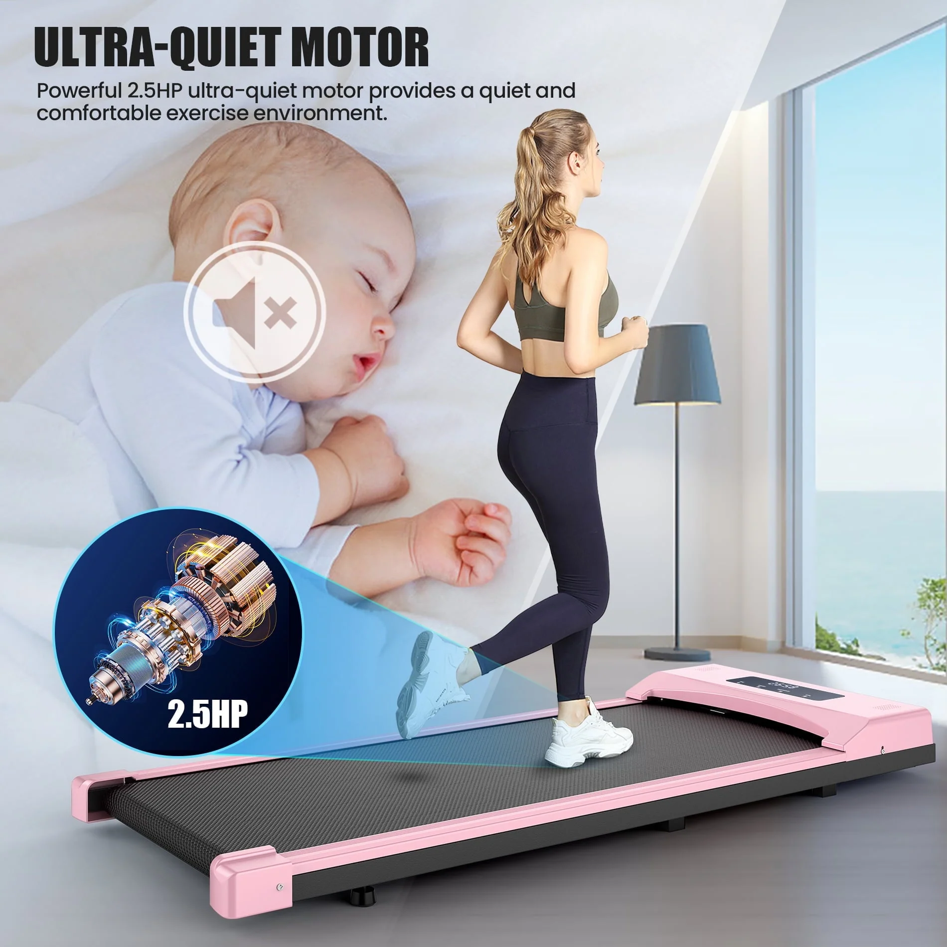 Adnoom Under Desk Treadmill,2 5HP Installation Free Slim Flat Compact Treadmill,Electric Quiet Walking Treadmill with LED Display and Wireless Remote Control for Home/Office (pink) Image 5