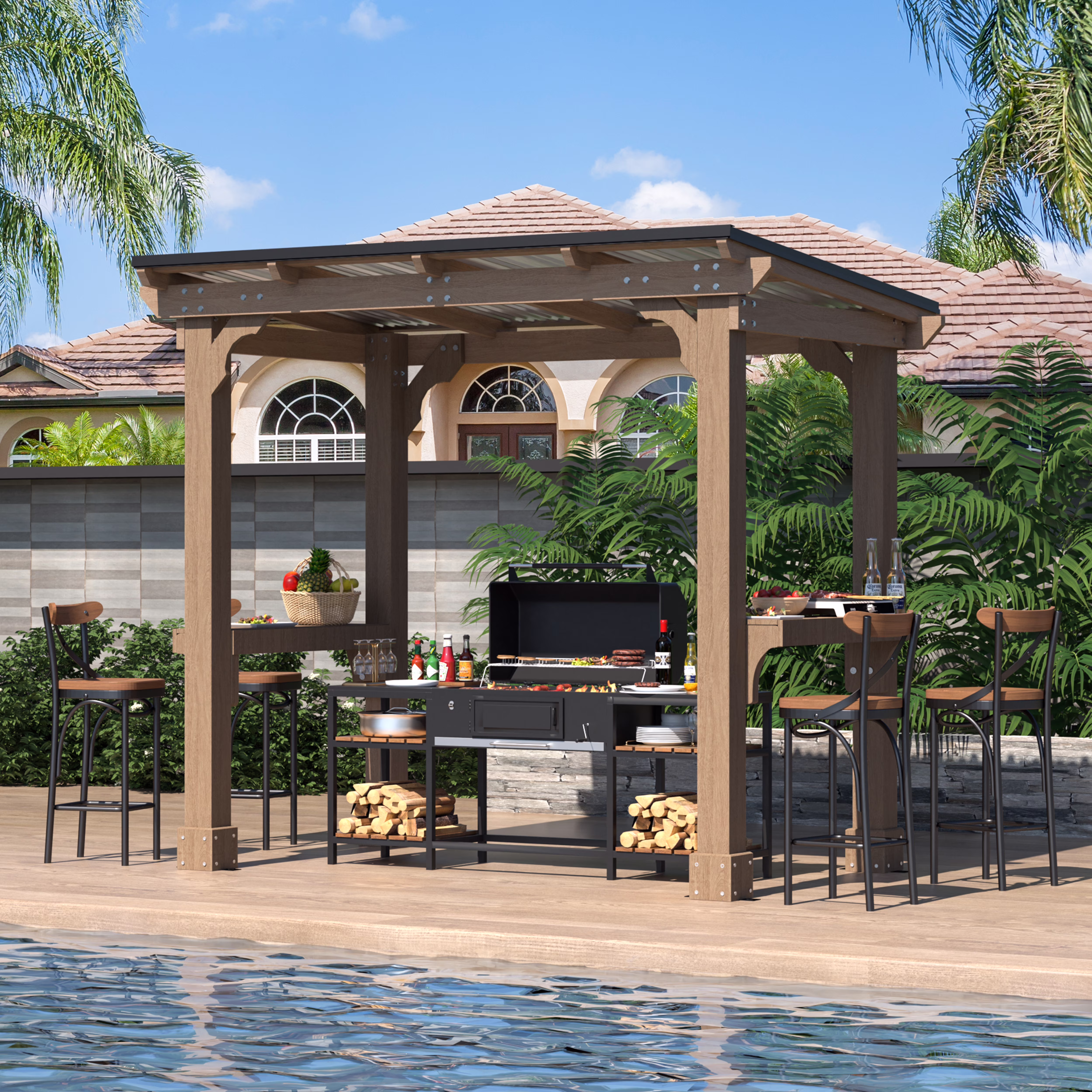 VEIKOUS 8' x 5' Outdoor Hardtop Gazebo, BBQ Grill Gazebo w/ Workstation Shelves for Lawn, Garden, Deck