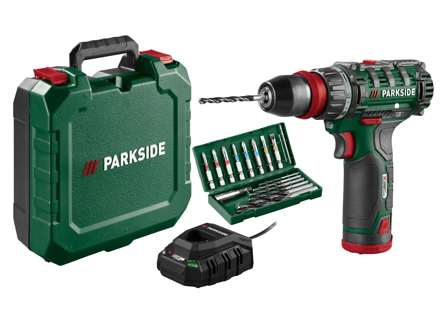 PARKSIDE Perceuse-visseuse sans fil et 17 accessoires + batterie + chargeur, 12 V