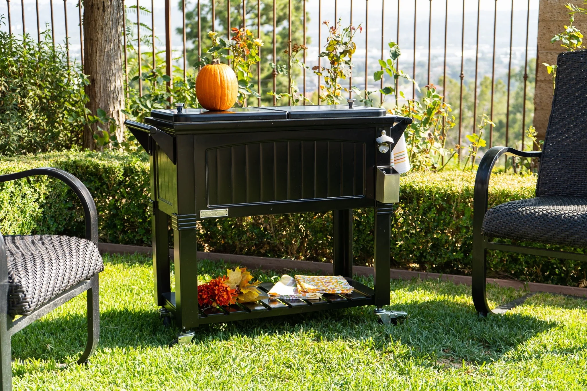80 Qt Antique Outdoor Steel Patio Cooler on Wheels, Rolling Cooler Cart, Wooden Teak Style, Black(Black) Image 4