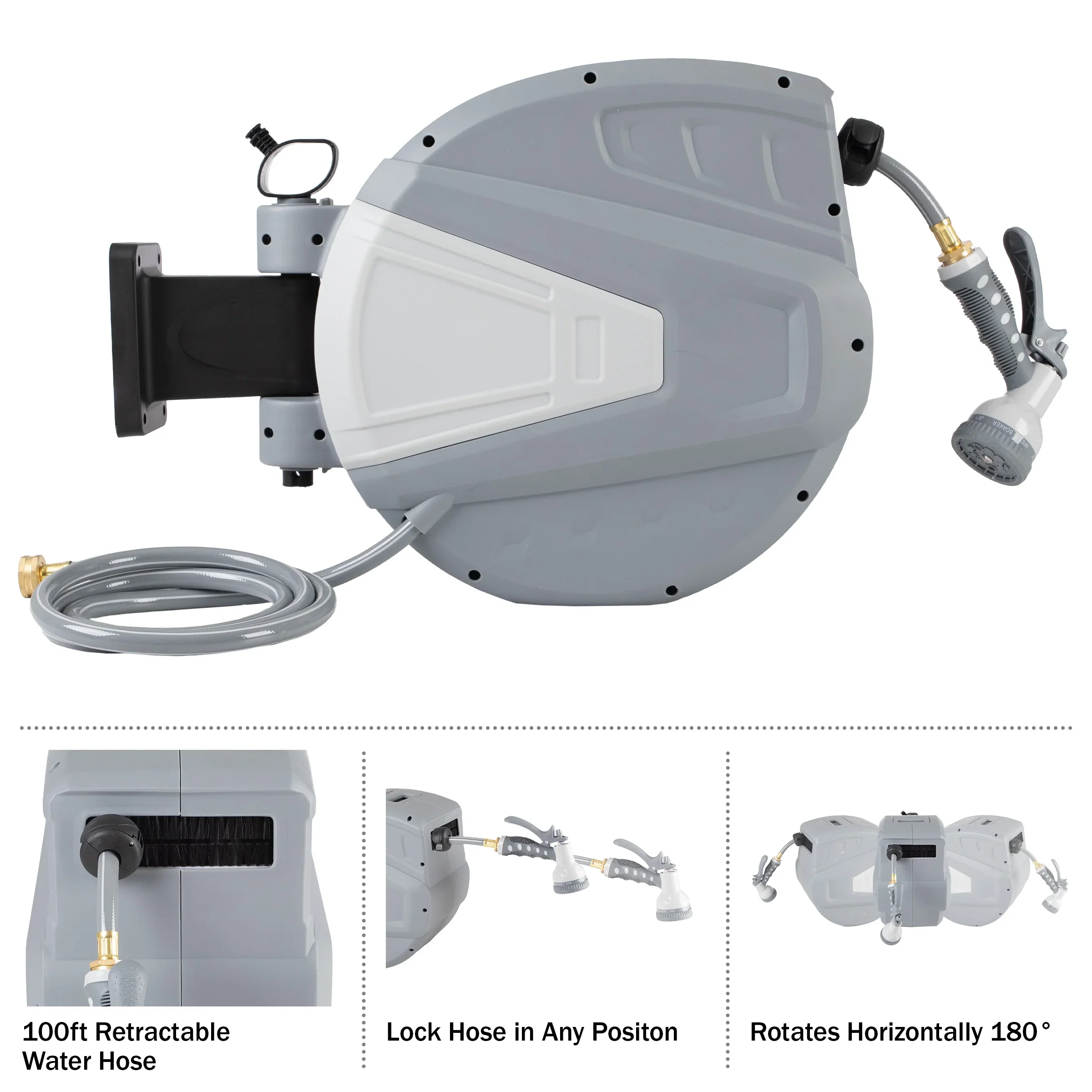 Pure Garden 100 FT Retractable Hose with Wall Reel and 9 Nozzle Patterns