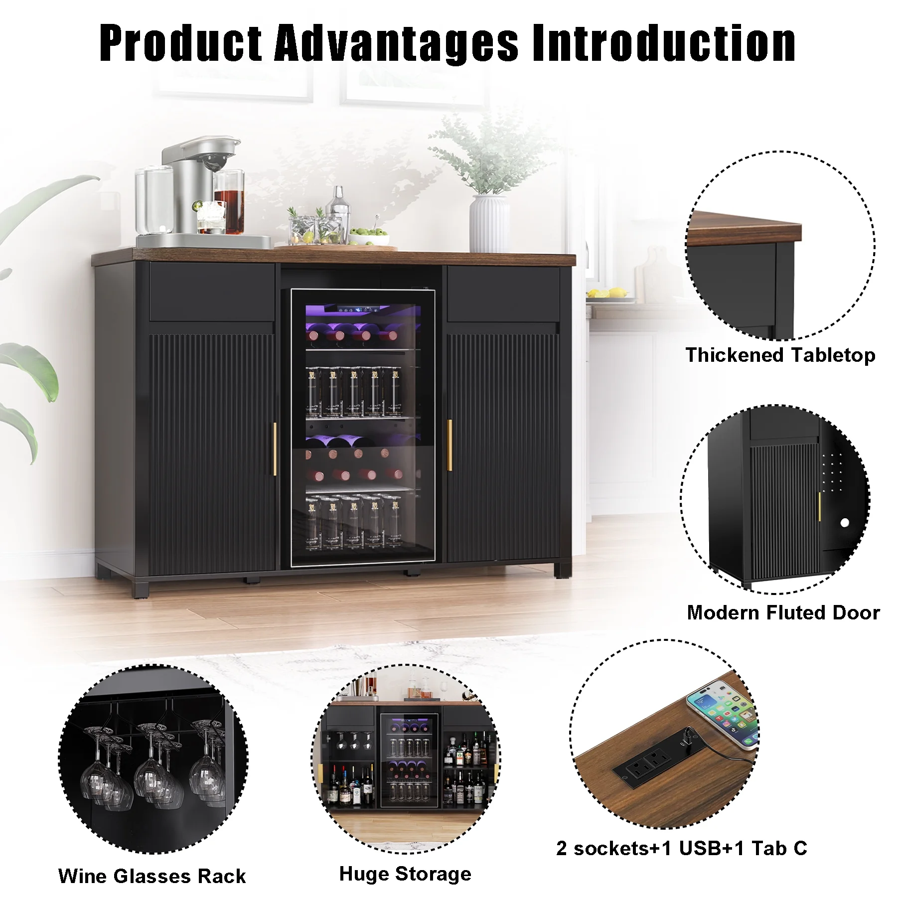 Coffee Bar Cabinet with Fridge Space, Mini Fridge Cabinetbuffet Sideboard53.2