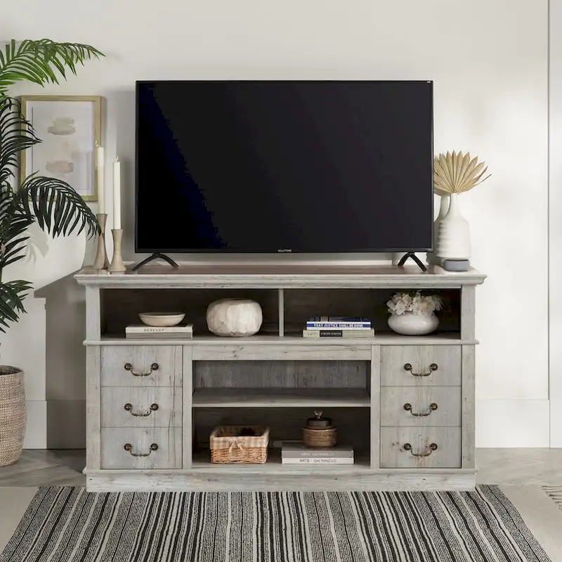 60-Inch Retro TV Stand Entertainment Center with 2 Cabinets and Open Shelves - Dimensions: 60W x 15.75D x 34.25H