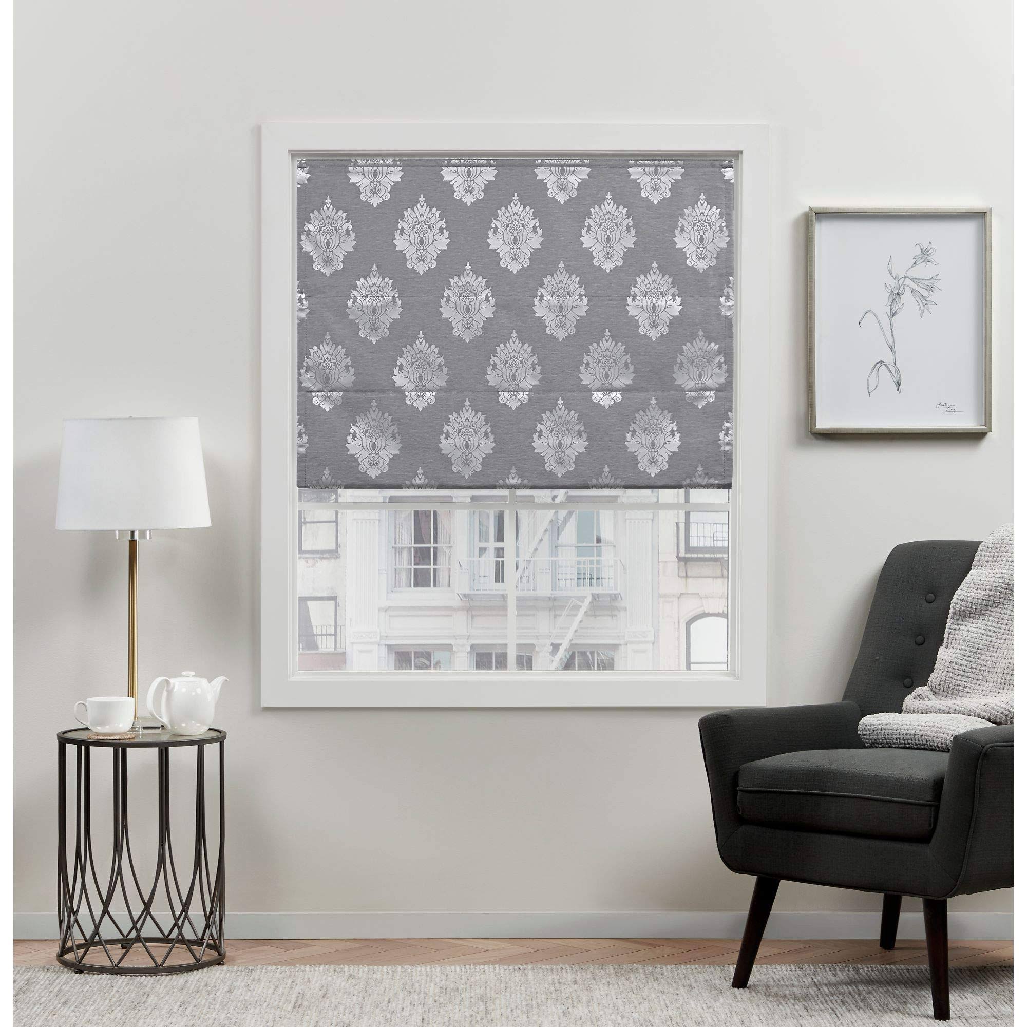 Exclusive Home Curtains Marseilles Damask Blackout Roman Shade, 23 inch x 64 inch, Grey, Gray