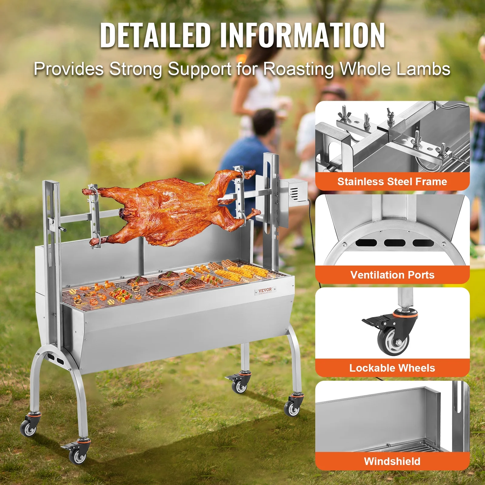 VEVOR Rotisserie Grill with Windscreen, BBQ Whole Pig Lamb Goat Charcoal Spit Grill, 46 in 132 lb Capacity, Electric 52W Motor Stainless Steel Roaster with Lockable Wheels, for Camping Outdoor
