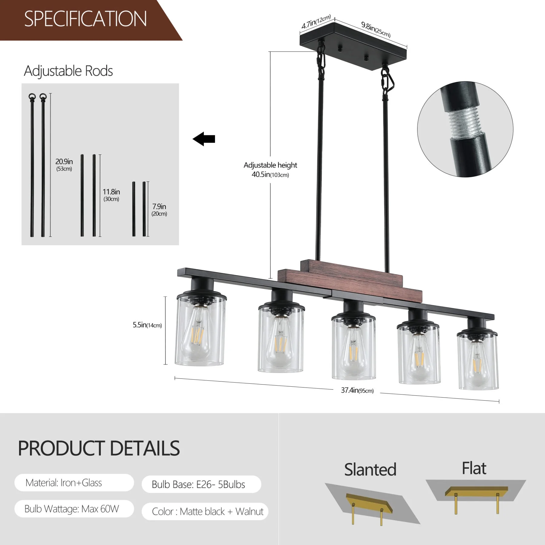 5-Light Kitchen Island Pendant Light, Farmhouse Industrial Chandeliers with Two Metal Rod Supports, Rectangular Island Lights for Kitchen, Living Room, Walnut/Black