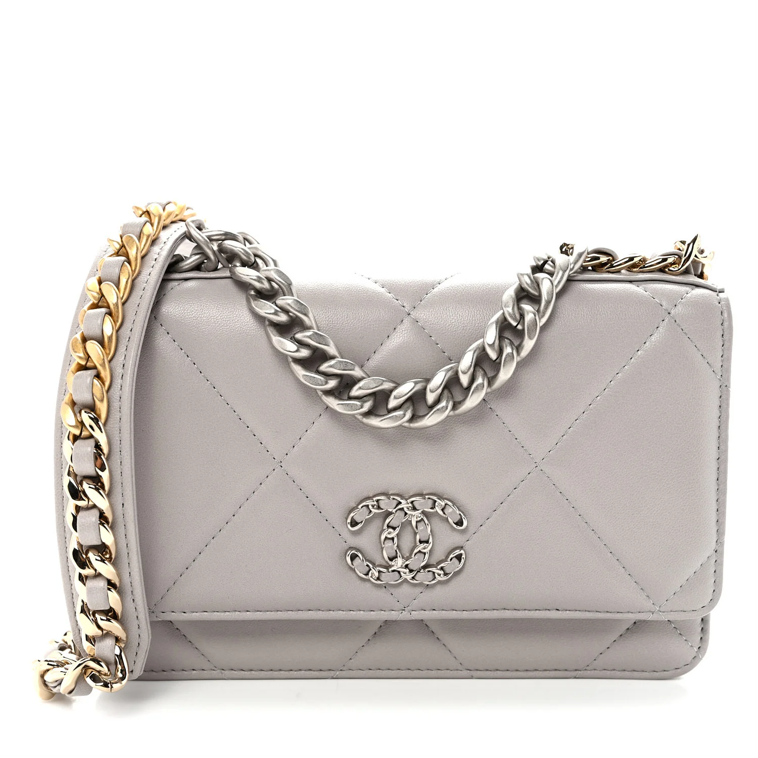 Lambskin Quilted Chanel 19 Wallet On Chain WOC Grey