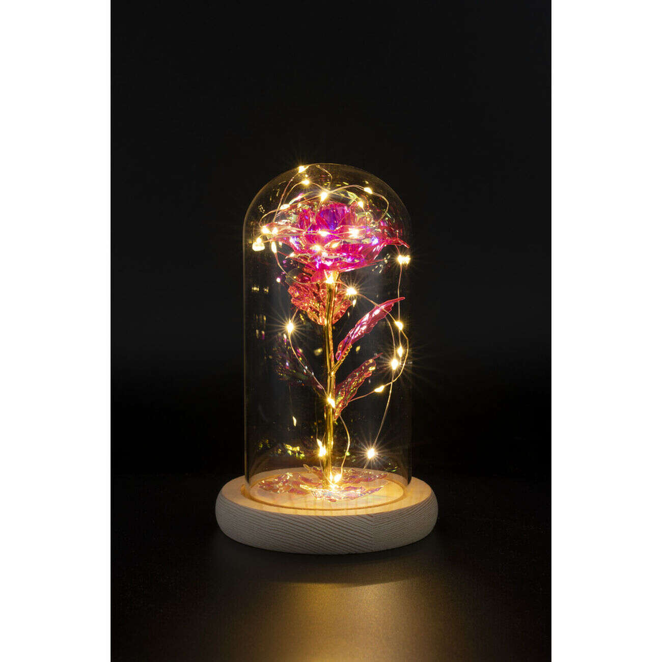 Rose sous cloche en verre avec LED Ø11,8xH19,5cm