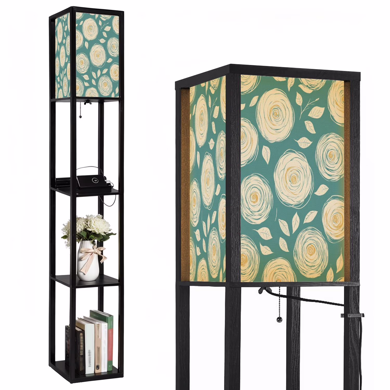 Floor Lamp with Shelves,Modern Dimmable Standing Lamp Floral Corner Display Bookshelf Lamp with 2 USB 1 Power Outlet for Living Room Bedroom(Color-5) - Image 5