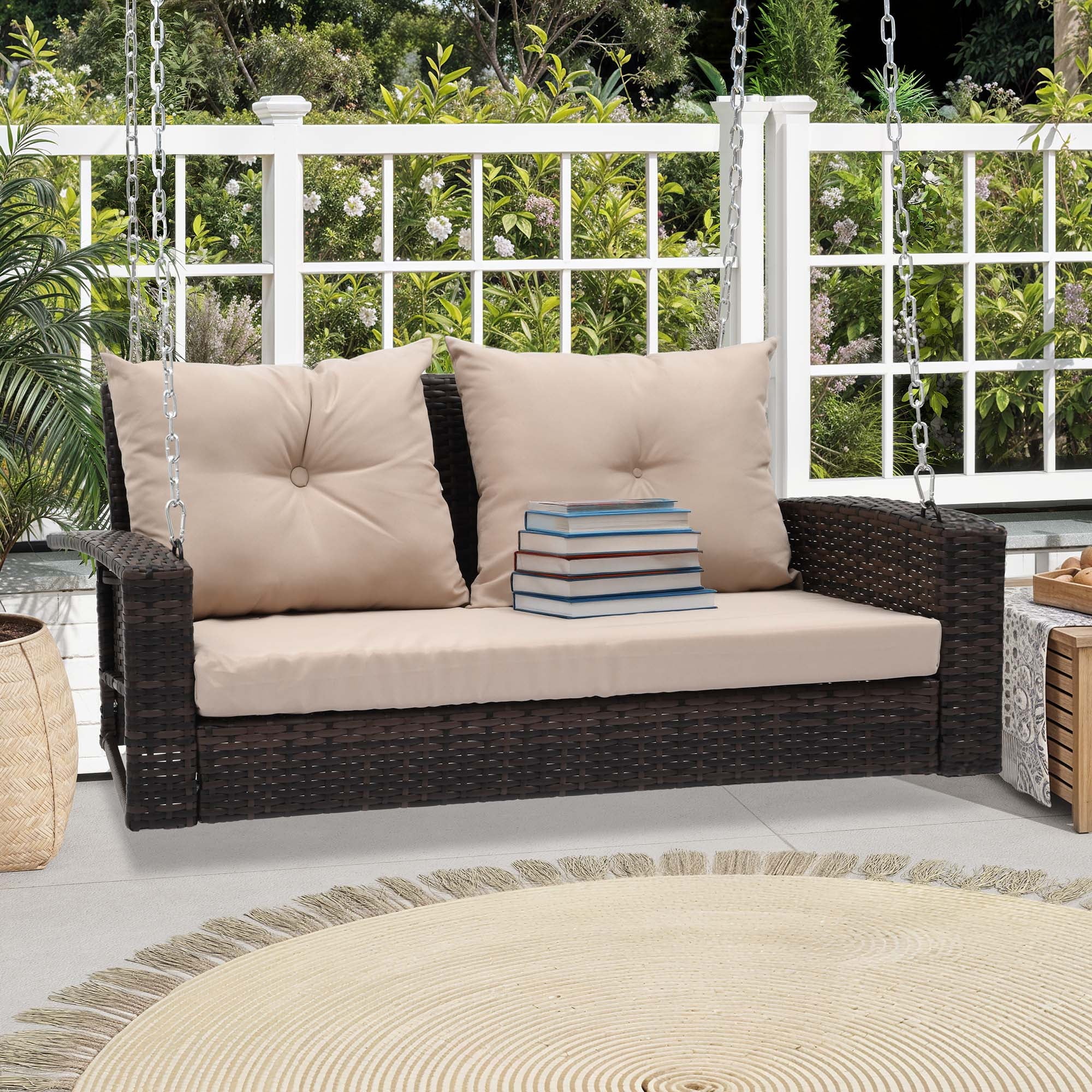 Dextrus 2-Seats Wicker Hanging Porch Swing Chair Outdoor Black Rattan Patio Swing Lounge w/ 2 Back Cushions Capacity 770lbs for Garden, Balcony, Living Room, Beige
