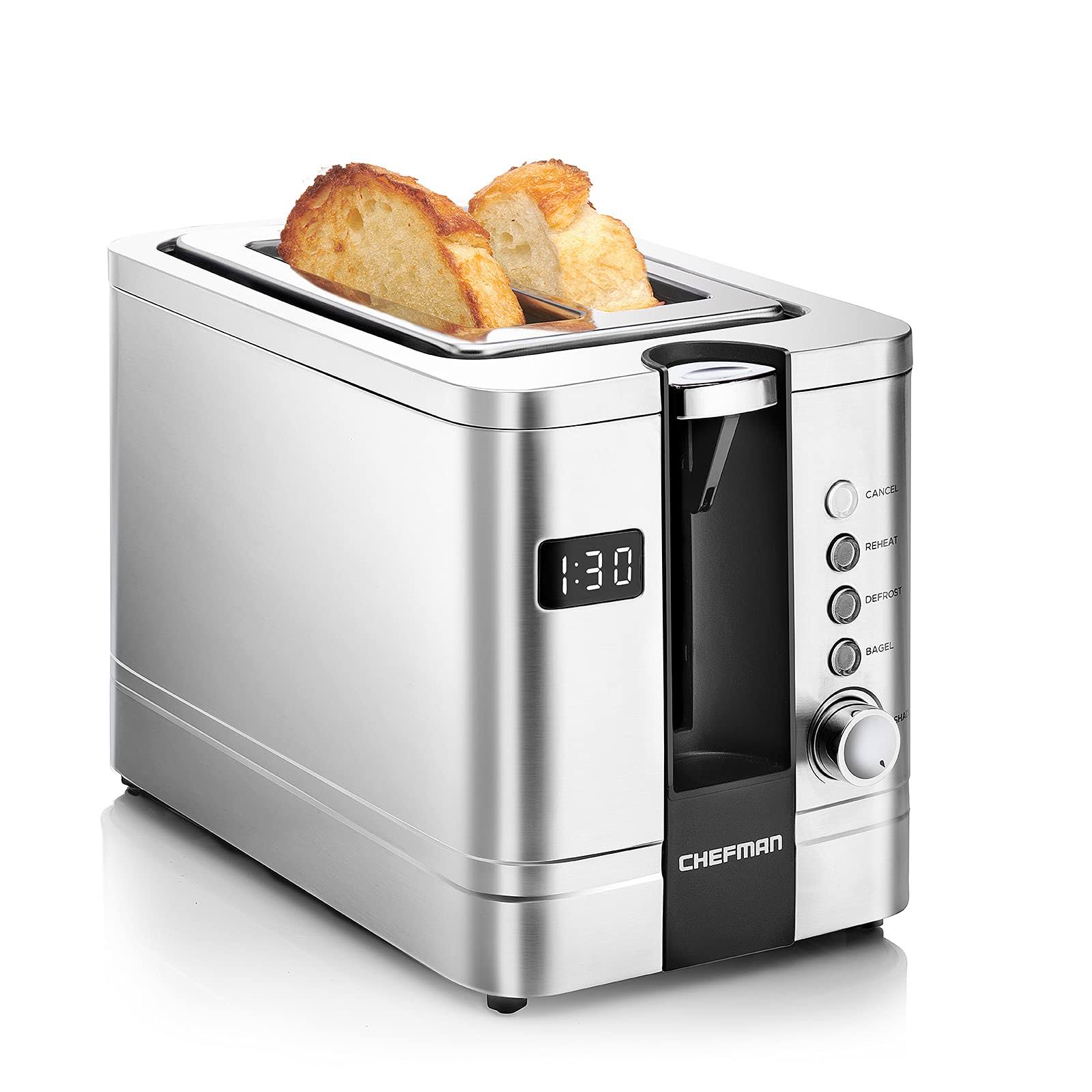 Chefman 2-Slice Digital Toaster, Pop-Up, Stainless Steel, Extra-Wide Slots for Bagels, Defrost, Reheat, Cancel Functions, Removable Crumb Tray