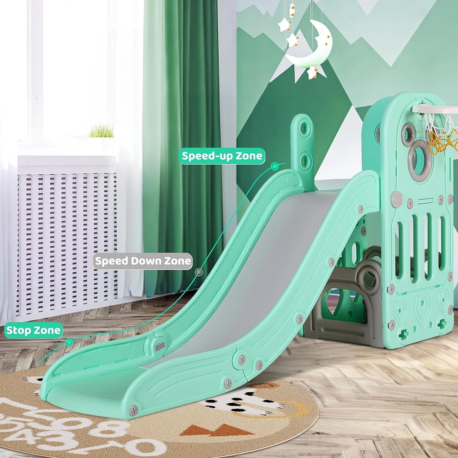 LAZY BUDDY Sturdy Kids Slide, 4 in 1 Toddler Slide and Climber Playset with Basketball Hoop & Storage Space, Non - Slip Steps, Indoor Outdoor Toys for Boys Girls