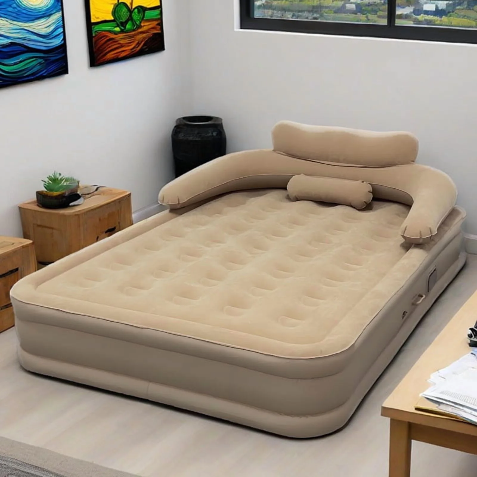 double bed Large Size Air Mattress with Headboard | Dual Pump, Inflatable Camping Airbed Electric(Brown��75.5" x 59.8" x 15.7") - Image 2