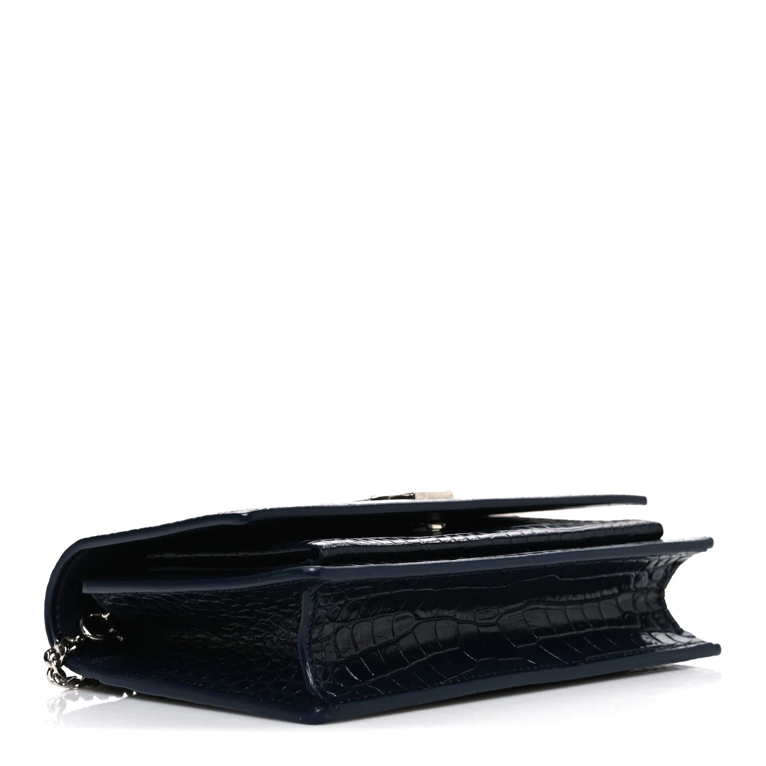 Calfskin Crocodile Embossed Monogram Sunset Chain Wallet New Cobalt