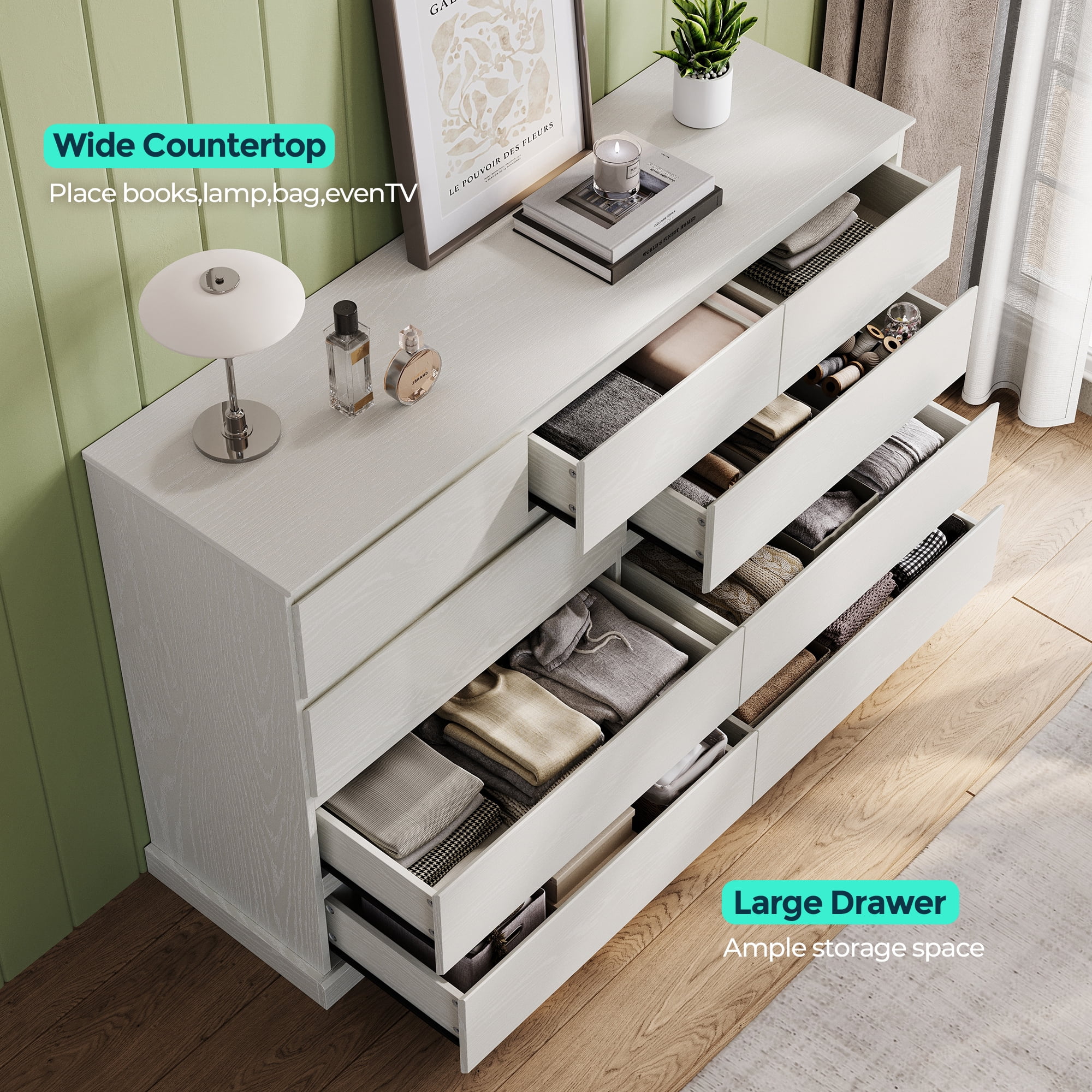Modern Wood Dressers for Bedroom, Wide Chest of 9 Drawers, White(9 Drawers/White) - Image 4