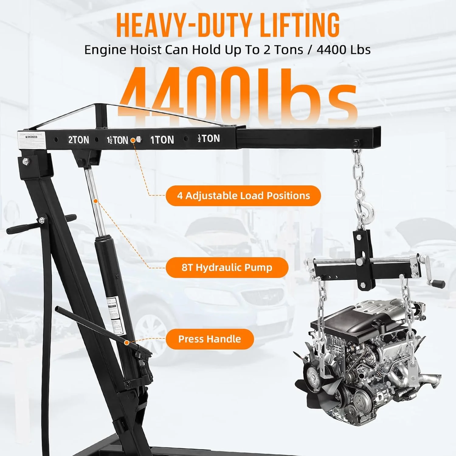 2 Ton Engine Hoist with Lever, 4000 lbs Heavy Duty Folding Cherry Picker Engine Lift Hydraulic Tilting Engine Shop Crane with 6 Iron Caster Wheels Telescopic Boom Hitch(Orange) - Image 3