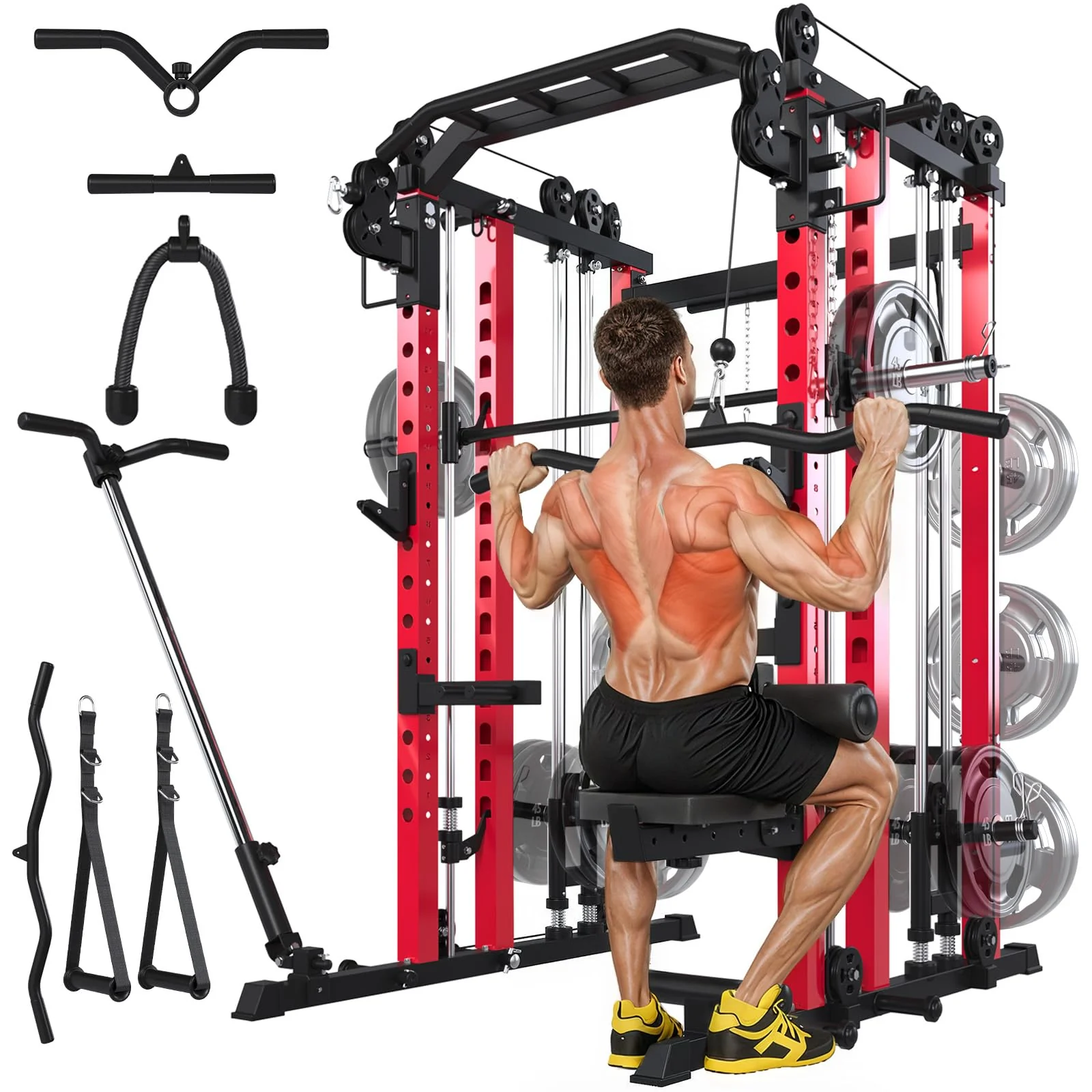 AECOJOY Smith Machine Power Squat Rack Cage, 2000lbs Crossover Machine with LAT Pulldown Strength Training Power Cages