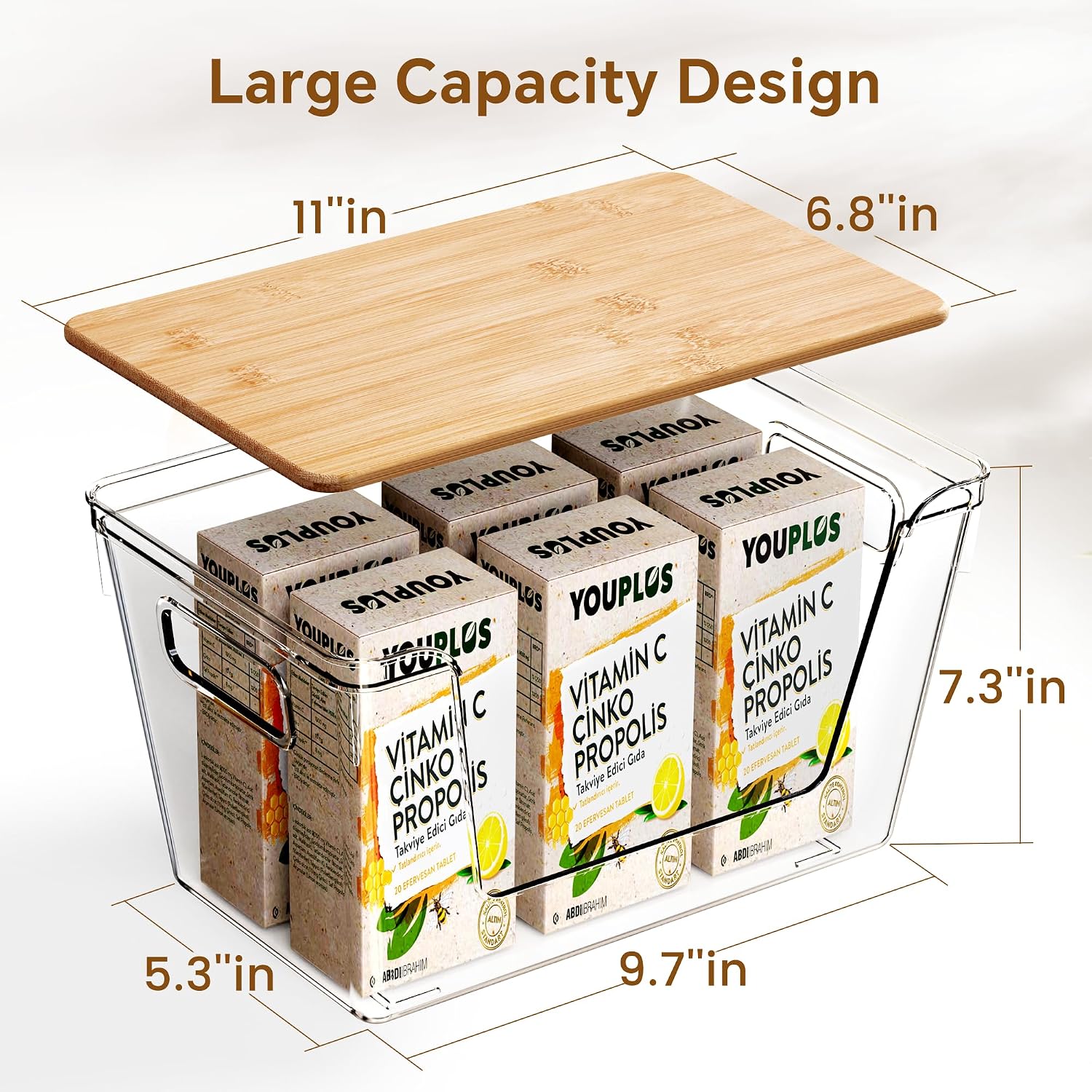 Criusia 2 Set Pantry Organizers and Storage with Bamboo Lids, Stackable Clear Bins for Onions, Potatoes, Fruits, Vegetables, Trash Bag Dispenser, Kitchen and Under Sink Organizer