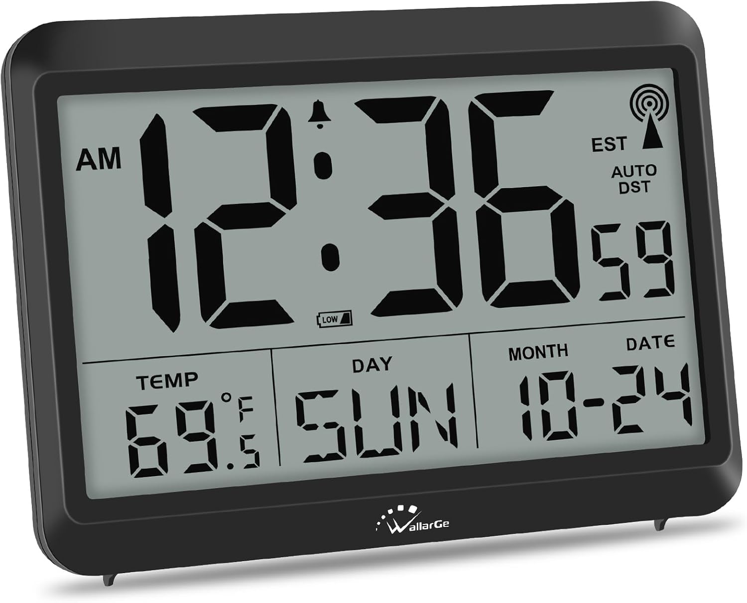 WallarGe Self-Setting Atomic Digital Wall Clock with Auto DST| Battery Operated, Large Display with Temperature, Date and Day, 4 Time Zones, Wall Mount/Desktop Clock for Classroom, Office
