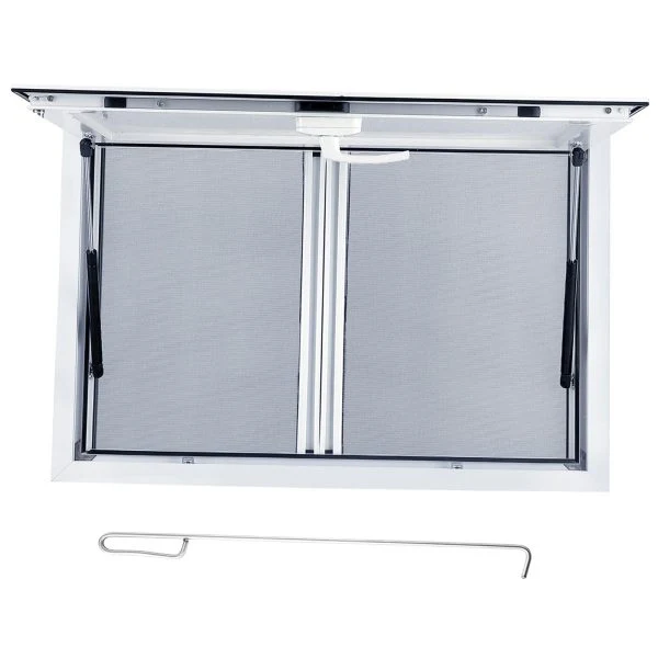 Fenêtre de service pour camion-restaurant en alliage d'aluminium 36 po x 36 po avec moustiquaires coulissantes et porte à auvent, levage hydraulique, mécanisme de verrouillage, polyvalente pour la restauration.