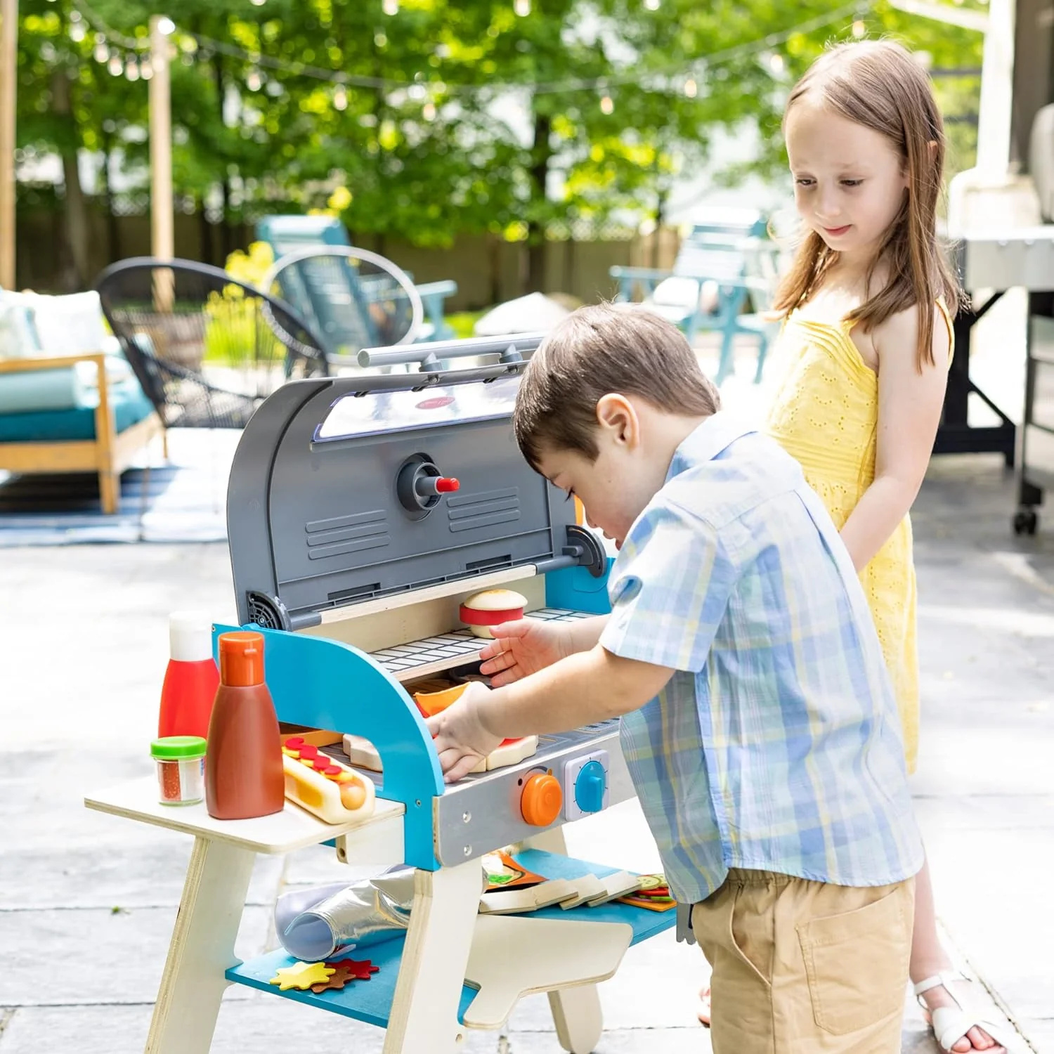 Barbecue, fumoir et four à pizza en bois de luxe, jouets alimentaires pour enfants, pour faire semblant de cuisiner.