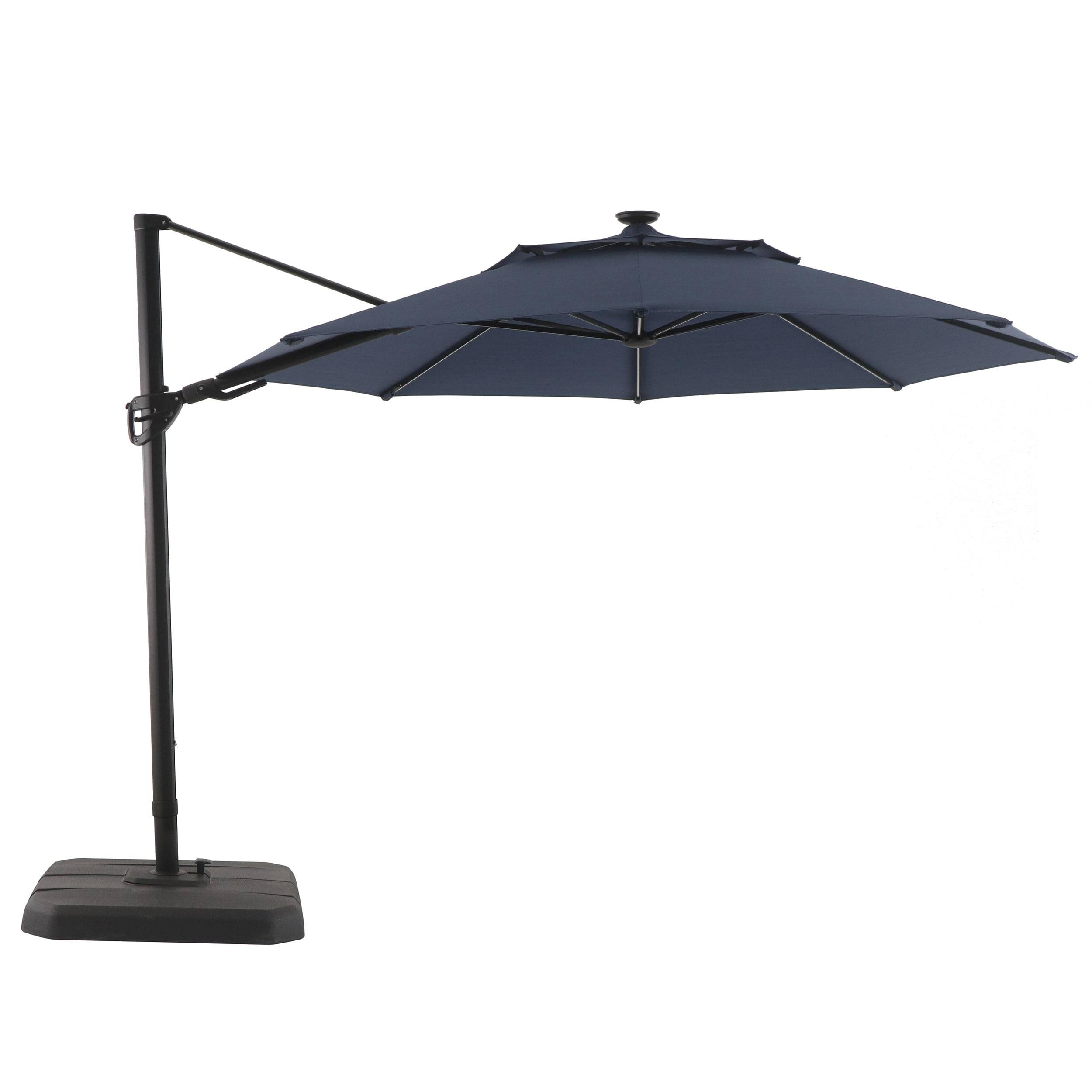 Allen + Roth 11-ft Blue Solar Powered Crank Offset Patio Umbrella with Base | URM819003J-3