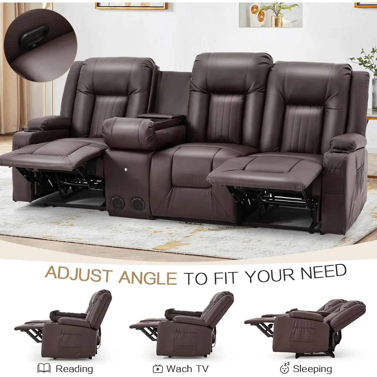 AECOJOY 3 Seater Recliner Sofa with Console&Bluetooth Speakers, Manual RV Sofa Couch, Brown