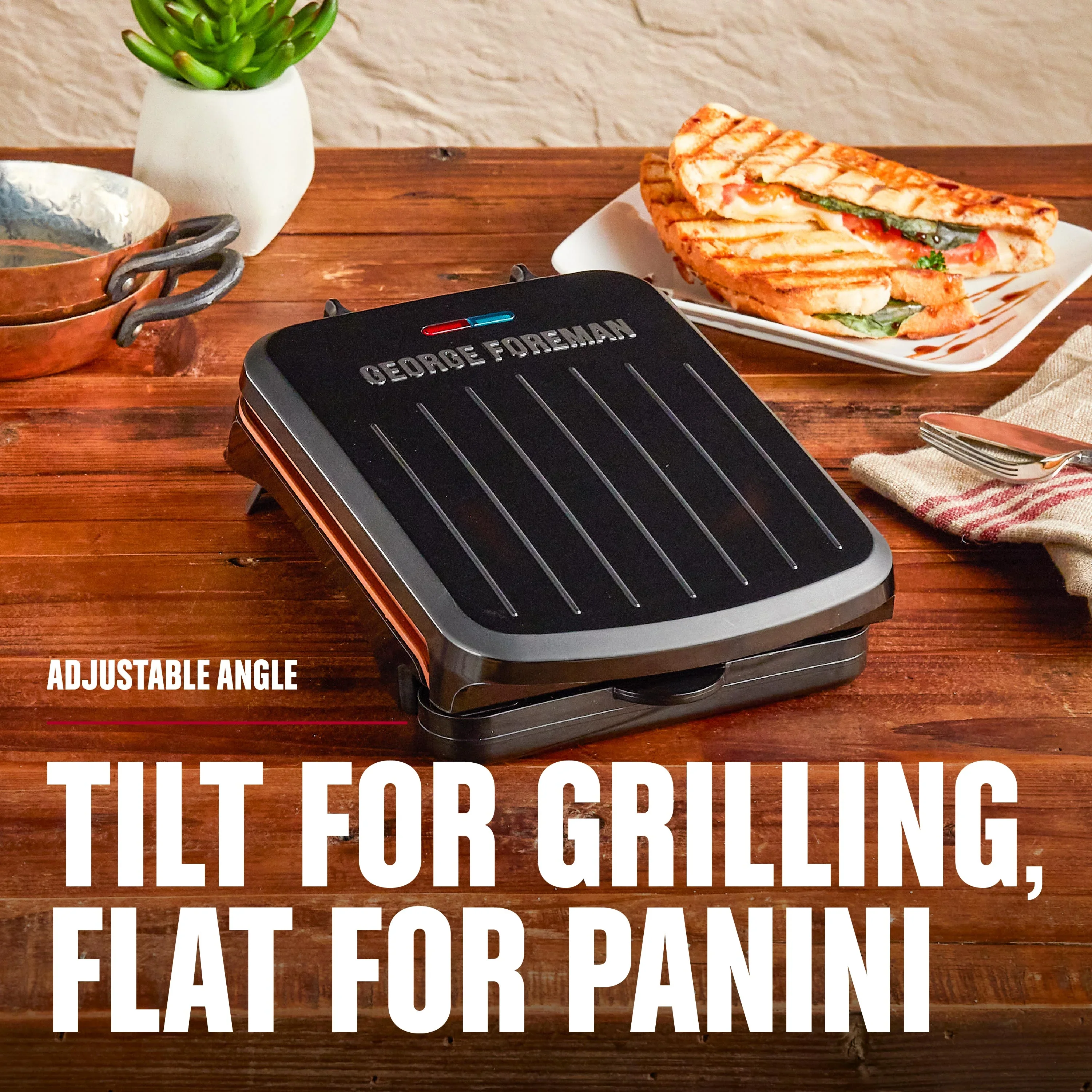 Foreman Electric Indoor Grill and Panini Press, Black with Copper Plates, Serves 2, Classic Plate, GRS040-Series