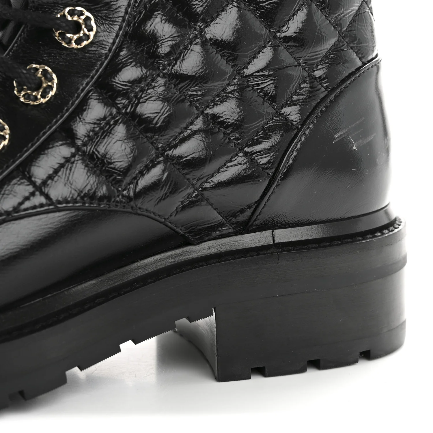 Shiny Lambskin Quilted Lace Up Combat Boots 37 Black