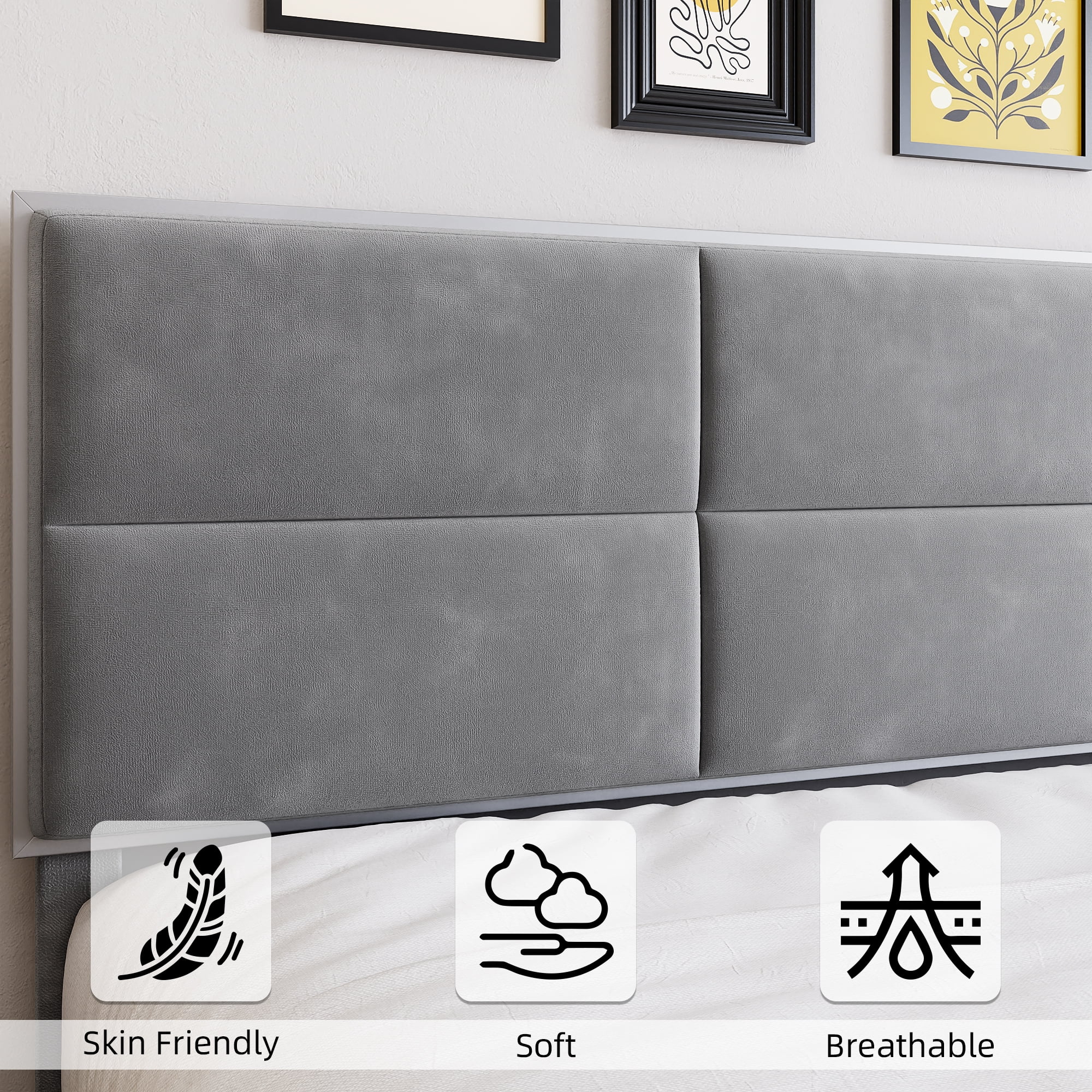 King Size Bed Frame Upholstered Platform, Bed Frame with Square Velvet Headboard, Wooden Slats Support, Non-Slip and Noise-Free, No Box Spring Needed, Easy Assembly(Light Gray)(King/Light Gray) - Image 10
