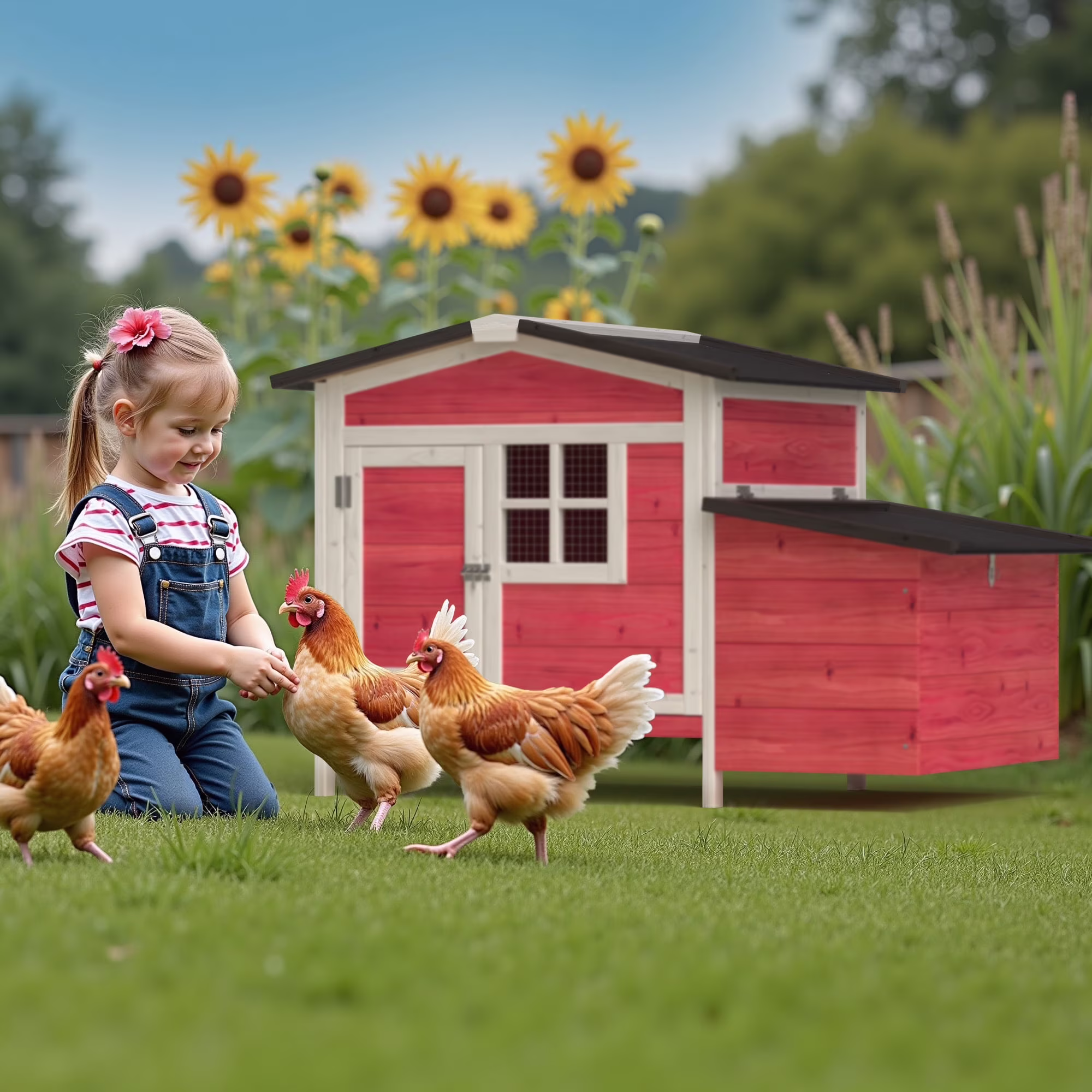 Outdoor Chicken Coop Rabbit Hutch Wooden Hen House w/ Nesting Box Tray Poultry Cage for Outdoor Indoor(Gray) - Image 5