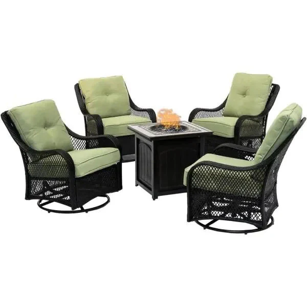 Ensemble de conversation 5 pièces en acier avec foyer extérieur, coussins bleu marine, fauteuils pivotants et table de foyer carrée (collection 2025).
