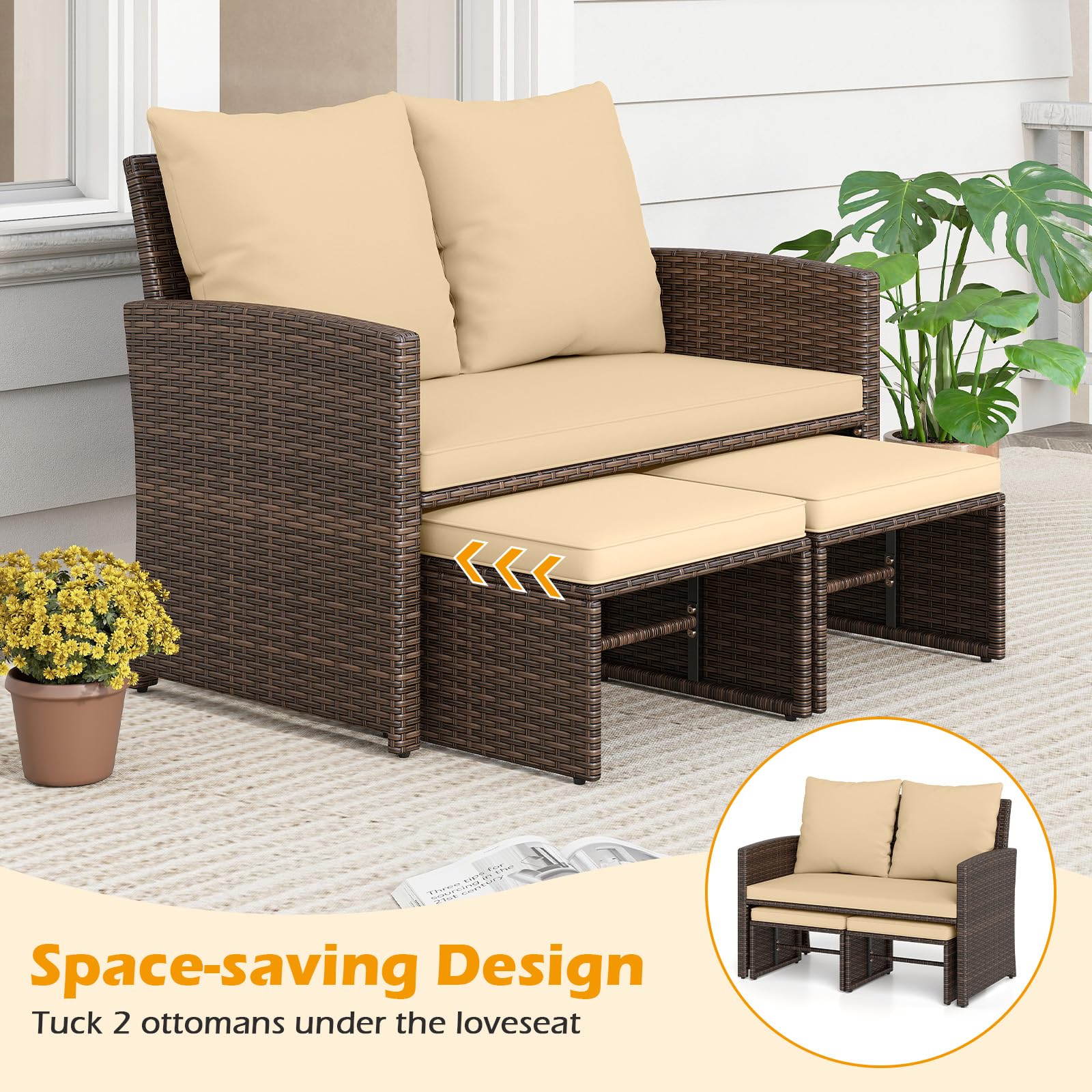 Tangkula 3 Pieces Patio PE Wicker Furniture Set with Cushions