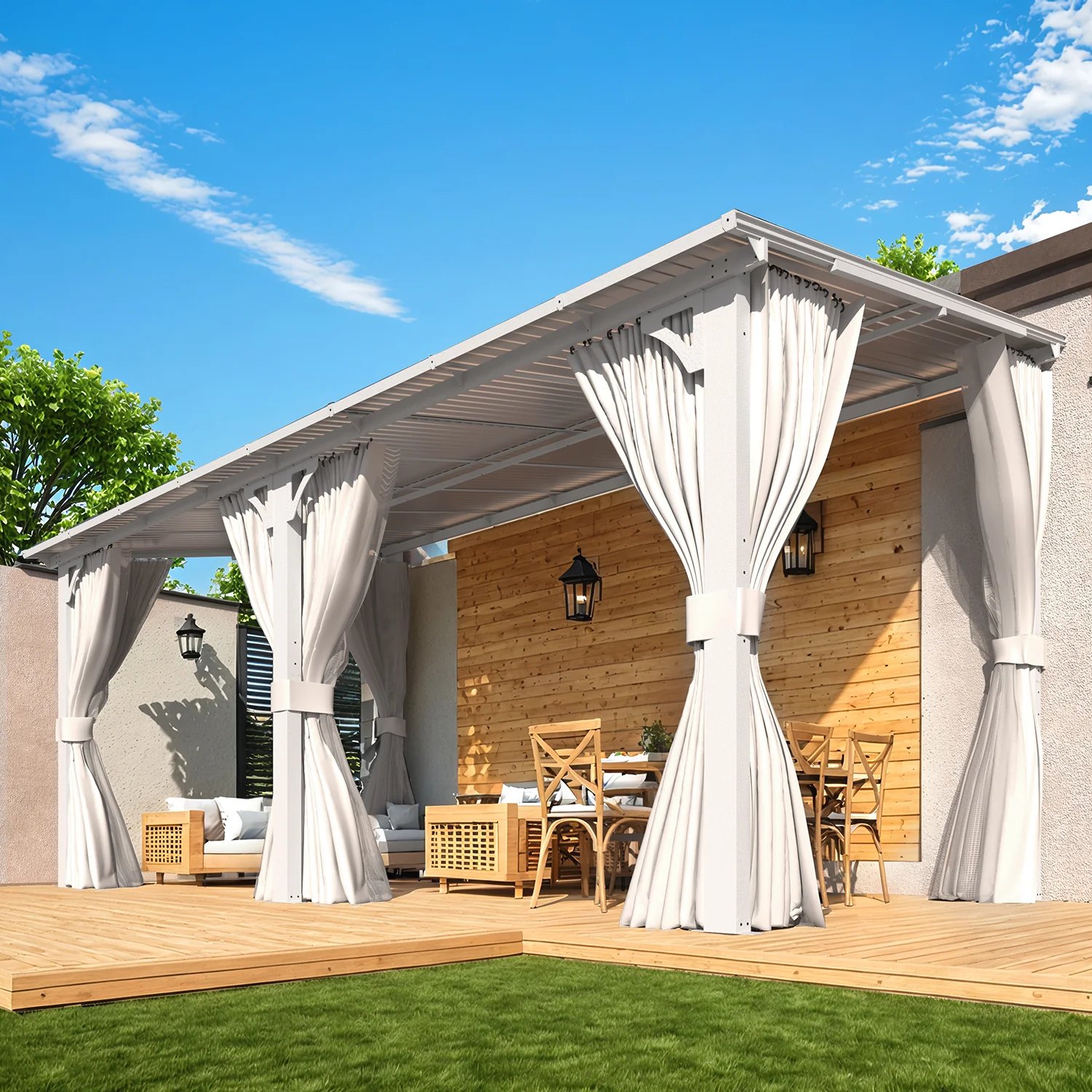 AECOJOY 16'x8' Wall Gazebo with Curtains and Mosquito Netting, White