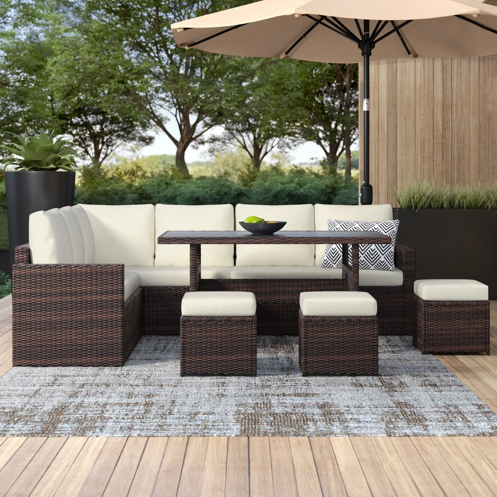 7 Pcs Outdoor Wicker Dining Set Patio Sectional Conversation Set with Table,Steel Frame,Ivory(Blue) Image 3