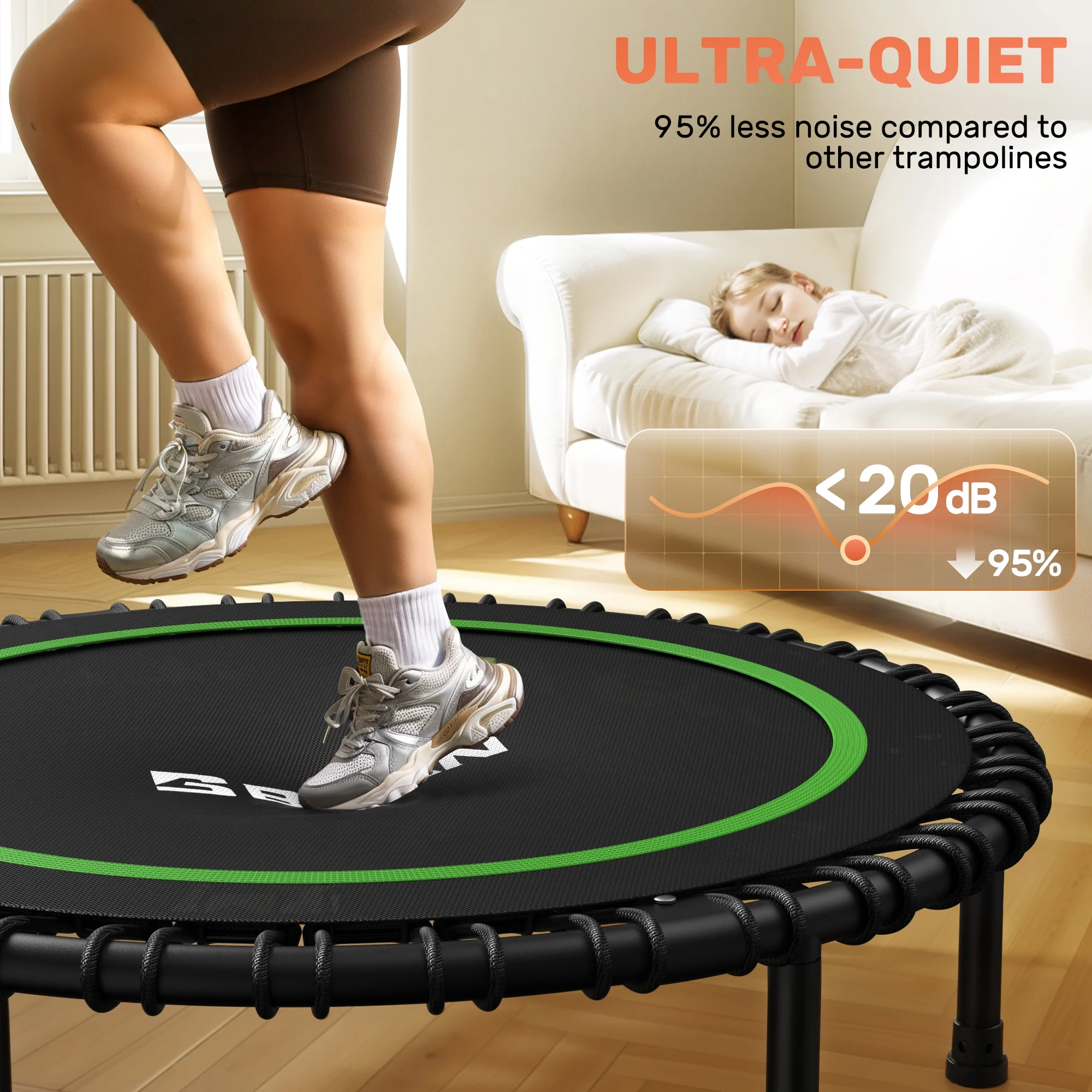 450 LBS Foldable Mini Trampoline, 40" Fitness Trampoline with Bungees, Stable Quiet Exercise Rebounder for Kids/Adults(40in Green) - Image 9