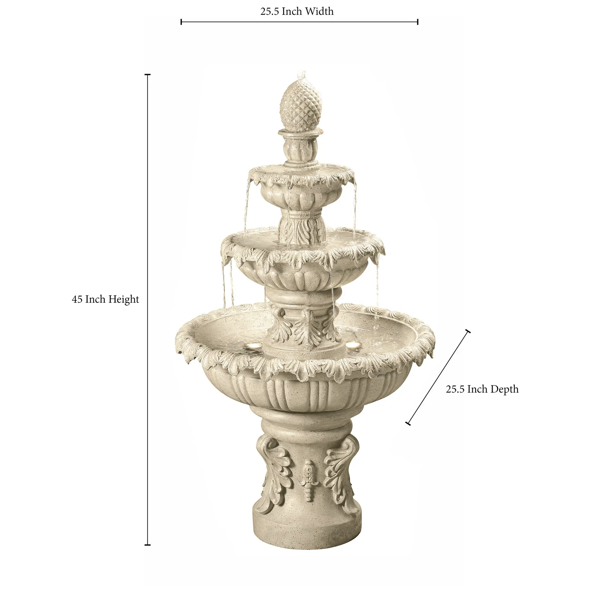 Ibiza 46 High Large Italian Outdoor Decor Sand Stone Floor Fountain with Light LED 3-Tier Outside Garden Patio