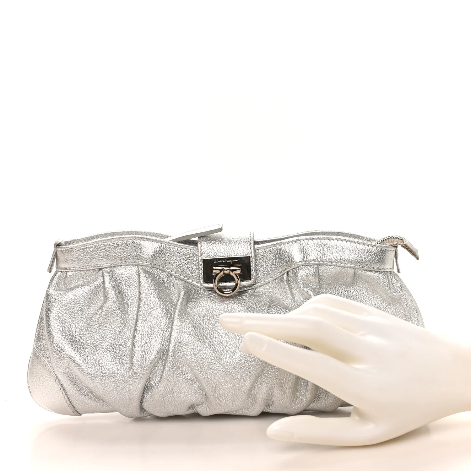 Metallic Calfskin Small Gancini Clutch Silver
