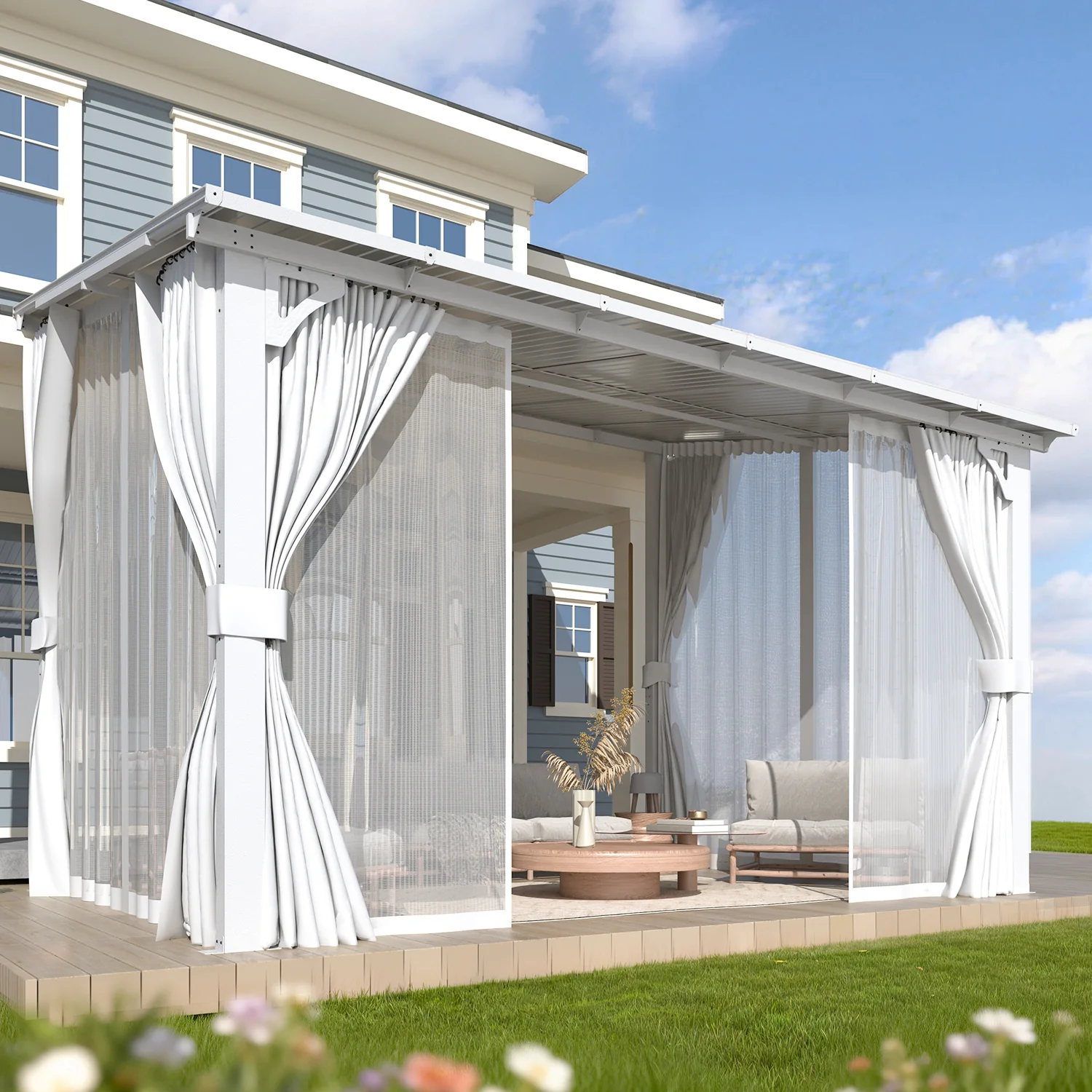 AECOJOY 12'x8' Wall Gazebo with Curtains and Mosquito Netting, White