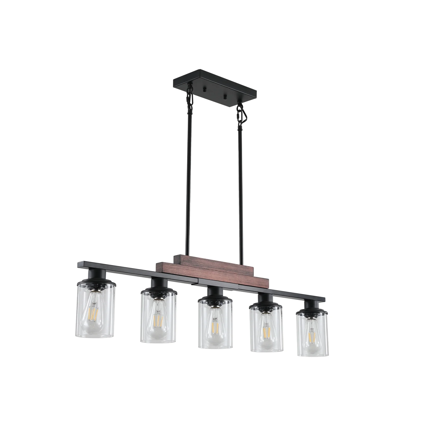 5-Light Kitchen Island Pendant Light, Farmhouse Industrial Chandeliers with Two Metal Rod Supports, Rectangular Island Lights for Kitchen, Living Room, Walnut/Black