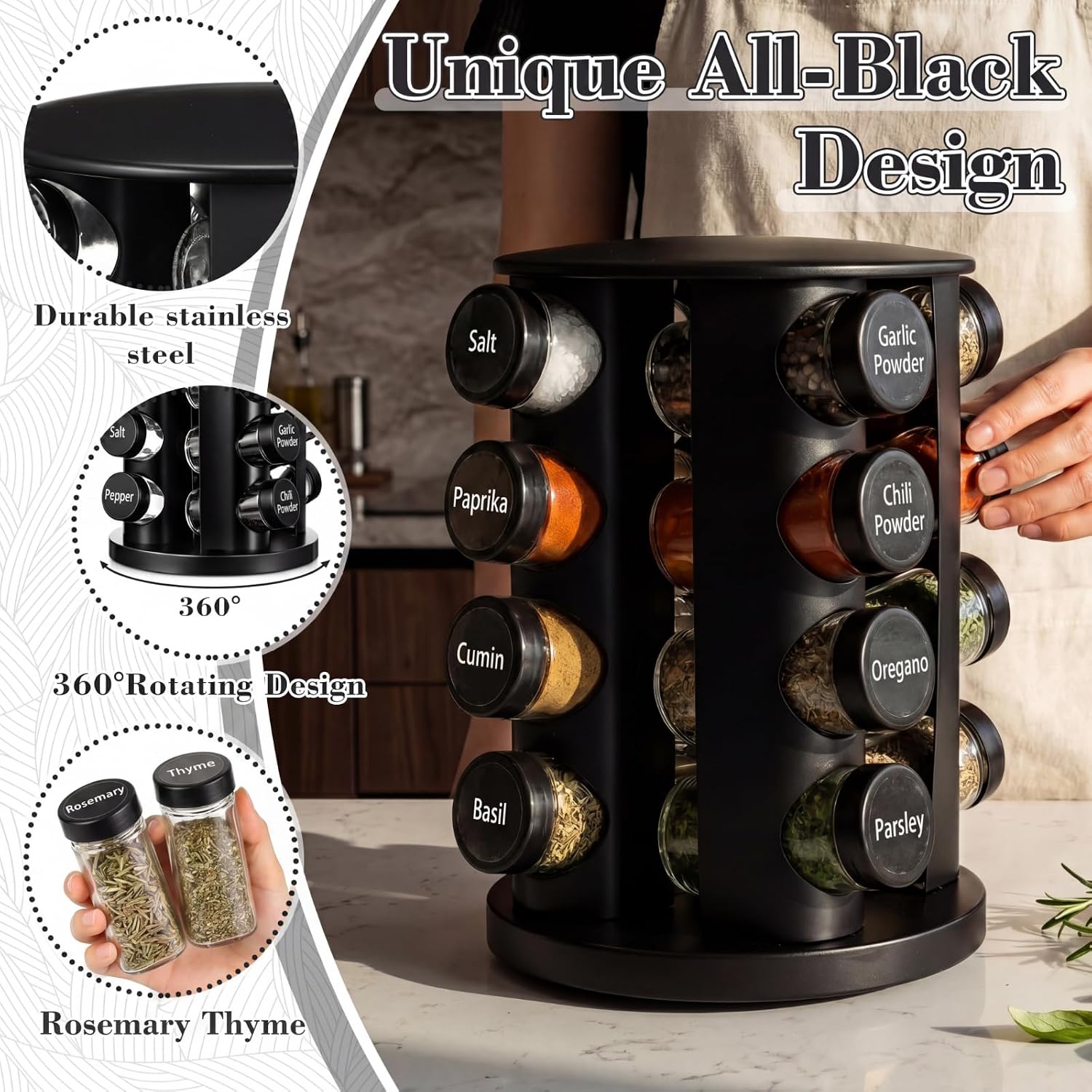Yungyan Black Rotating Spice Rack with 16 Empty Jars and Labels