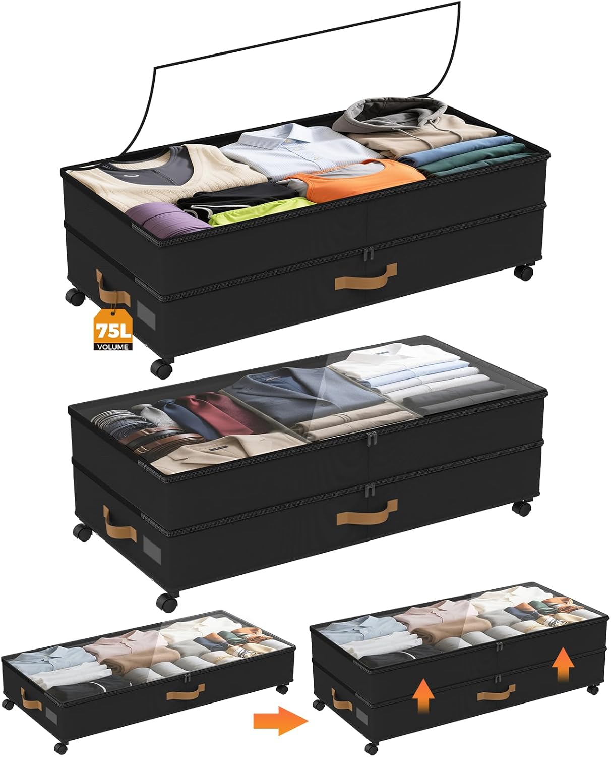 75L 2 Pack Adjustable Under Bed Storage with Wheels
