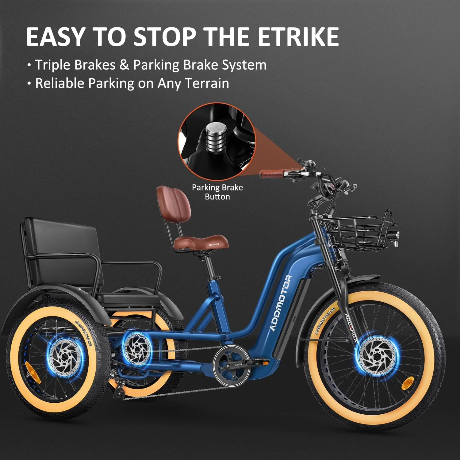GREATTAN L Electric Trike for Adults, 750W Rear Motor Electric Trike with Passenger Seat, 65/130Mi 20/40AH 48V, Dual-Battery System 2 Seater Electric Tricycle, Parking Brake, Differential(Blue/Single battery) - Image 7