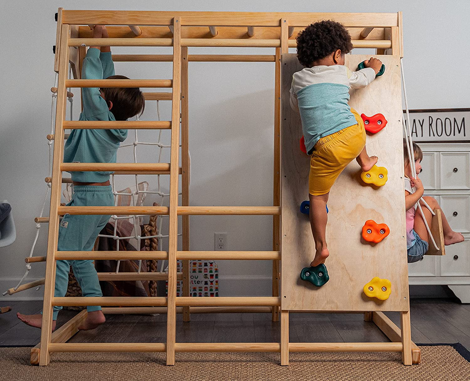 Avenlur Indoor Toddler and Child Indoor Gym Playground Climber Real Wooden Playset 6 in 1 Slide, Rock Climb Wall, Rope Wall Climbing, Monkey Bars, Swing, Ladder Fun Gym for Children Image 2