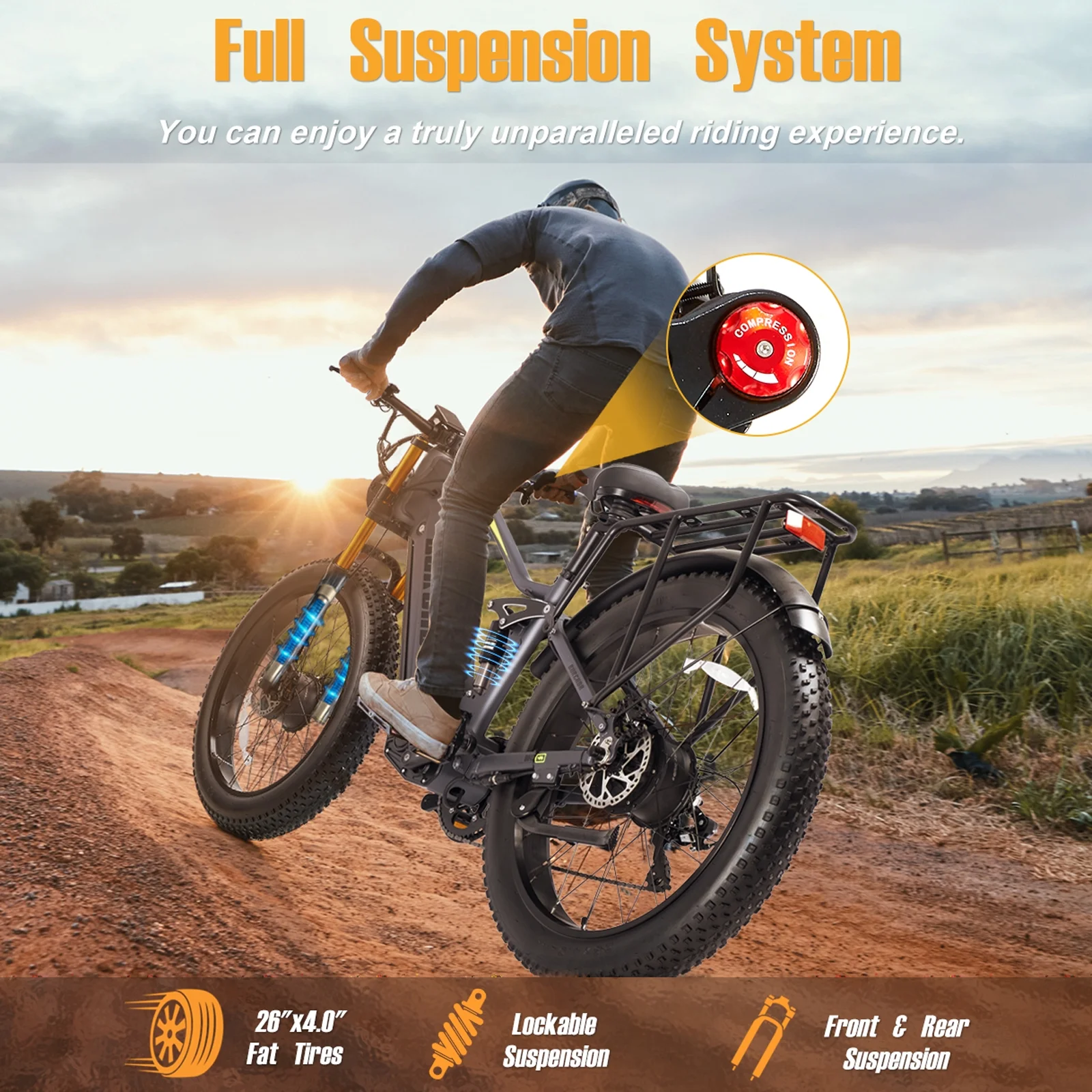 Electric Bike for Adults 26'', 1000W E-Mountain Bike 48V 30/20Ah UL2849 Removable Battery,Fat Tire Ebike up to 30MPH Off Road Beach Snow Electric Bicycles Full Suspension Dual Hydraulic Disc Brakes(RX80 20Ah) - Image 4