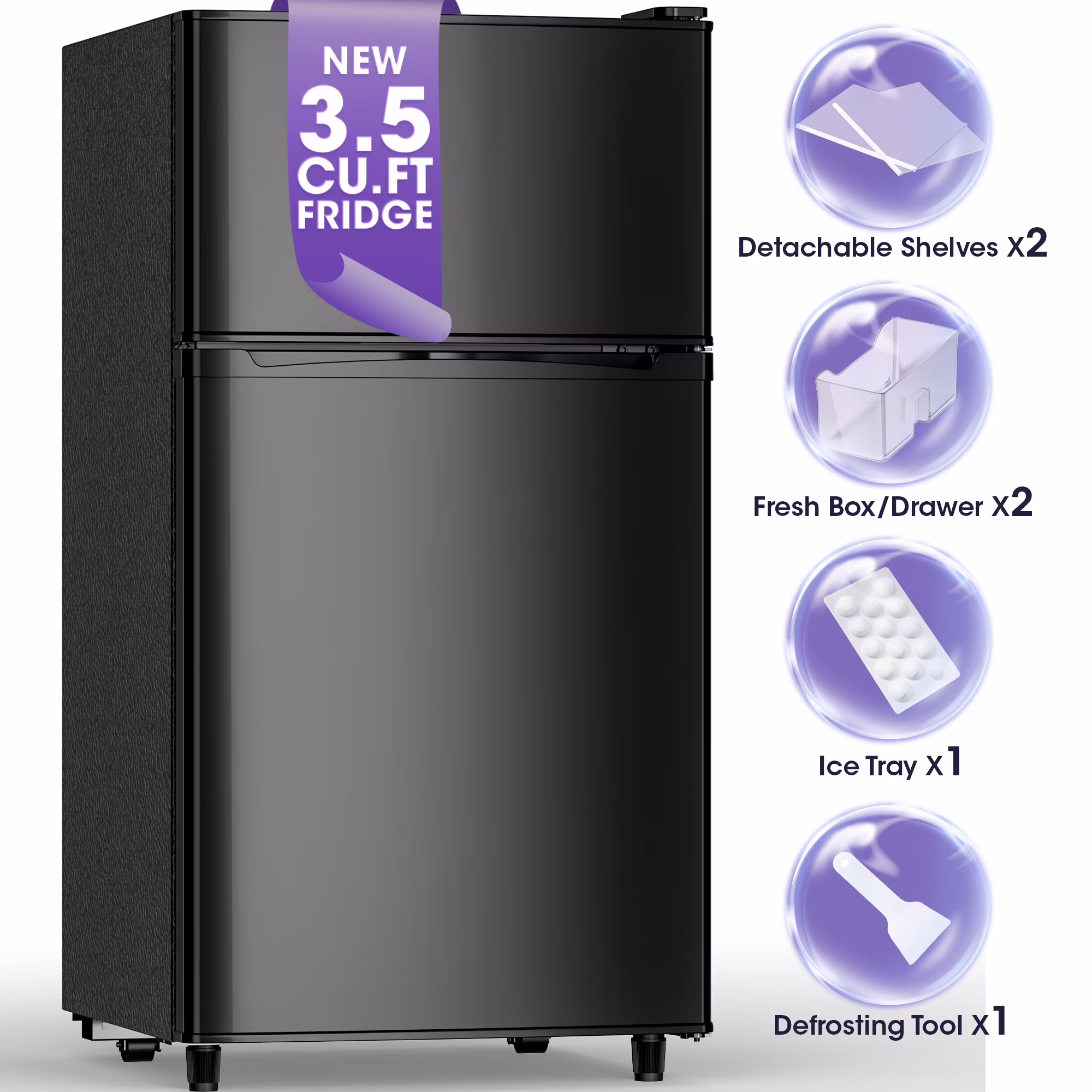 Manastin 3.5 Cu.ft Mini Fridge with Freezer, Adjustable Thermostat, Low Noise, Removable Glass Shelves, 2 Door Small Refrigerator for Kitchen, Office, Bedroom, Black