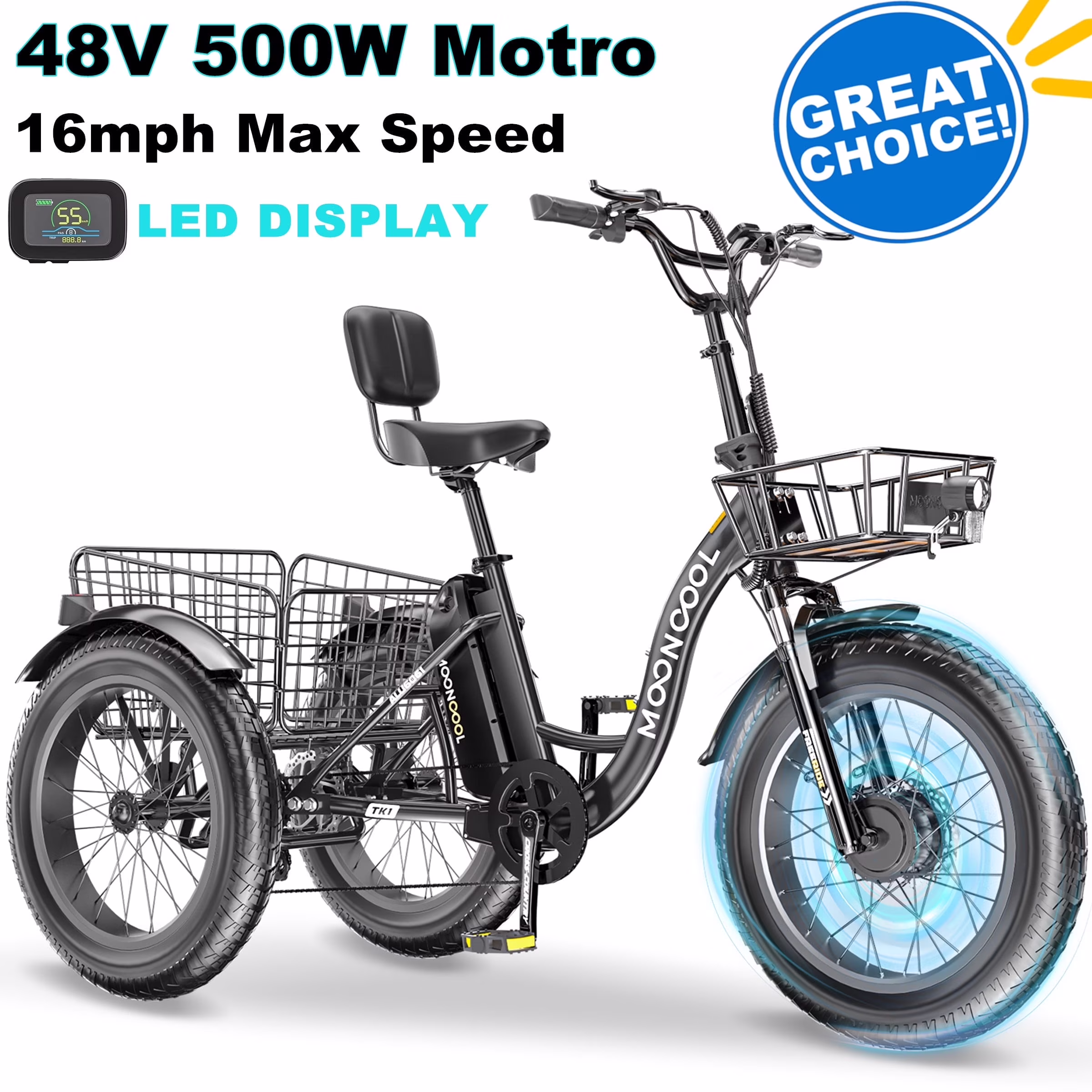 20" x 4" Fat Tire Electric Tricycle for Adult, 7 Speeds Electric Trike 48V 500W Motorized Tricycle, Electric Three Wheels Bicycle for Senior, Aluminum Frame Rear Basket,16mph(Blue) Image 5
