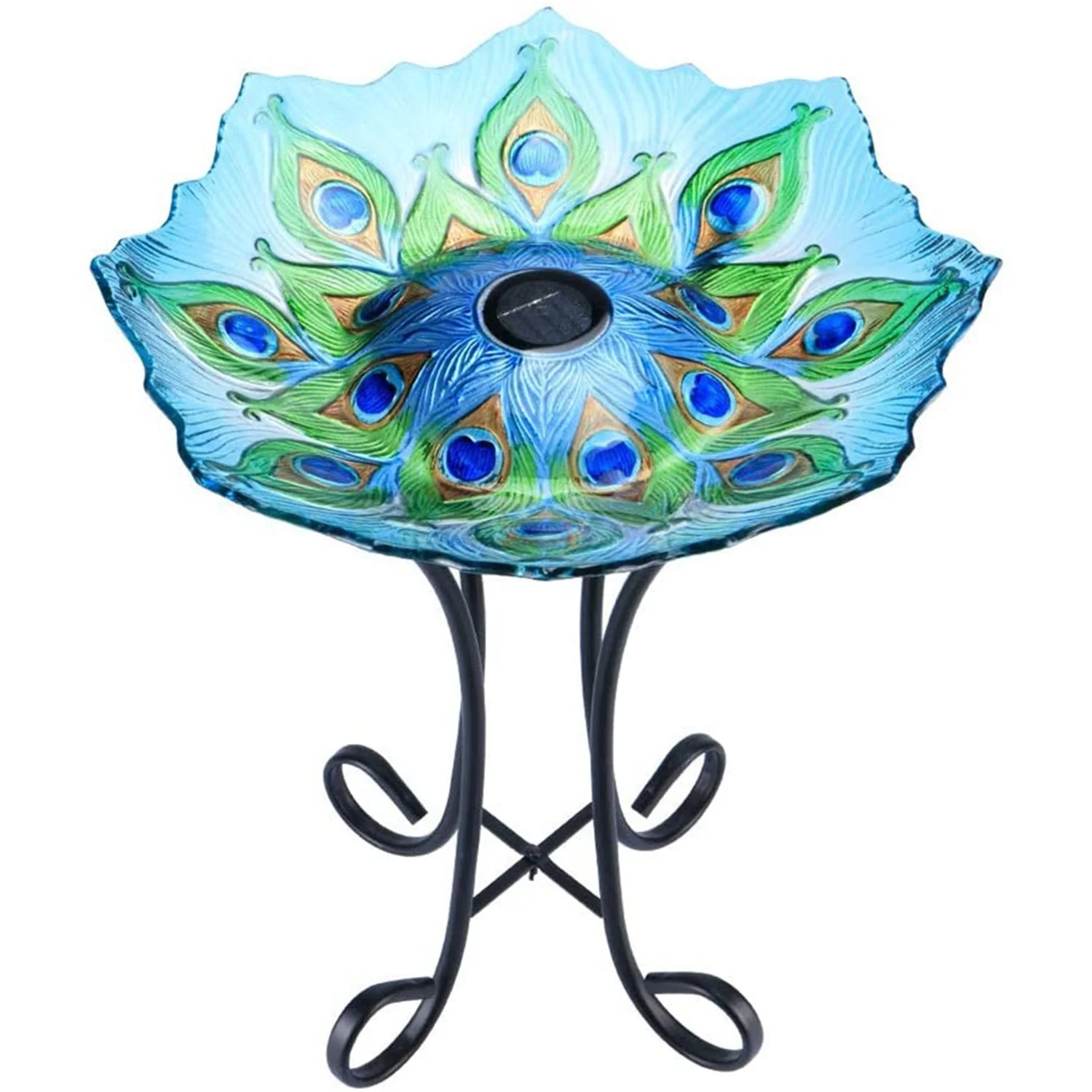 Outdoor Bird Bath with Metal Stand, 21.65 H Peacock Glass Birdbaths with Solar Light for Lawn Yard Garden Decor, 18 Dia