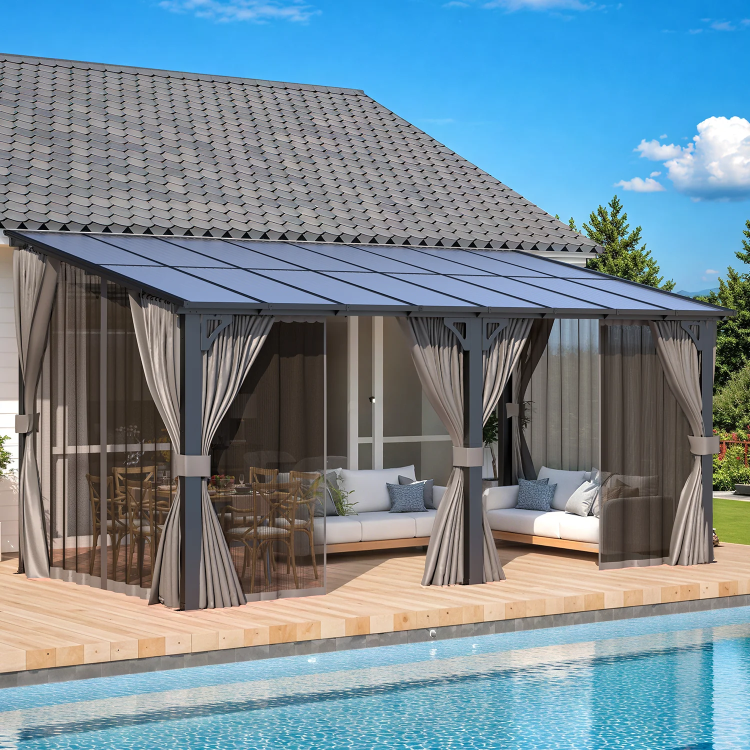 AECOJOY 16'x8' Wall Gazebo with Curtains and Mosquito Netting, Gray